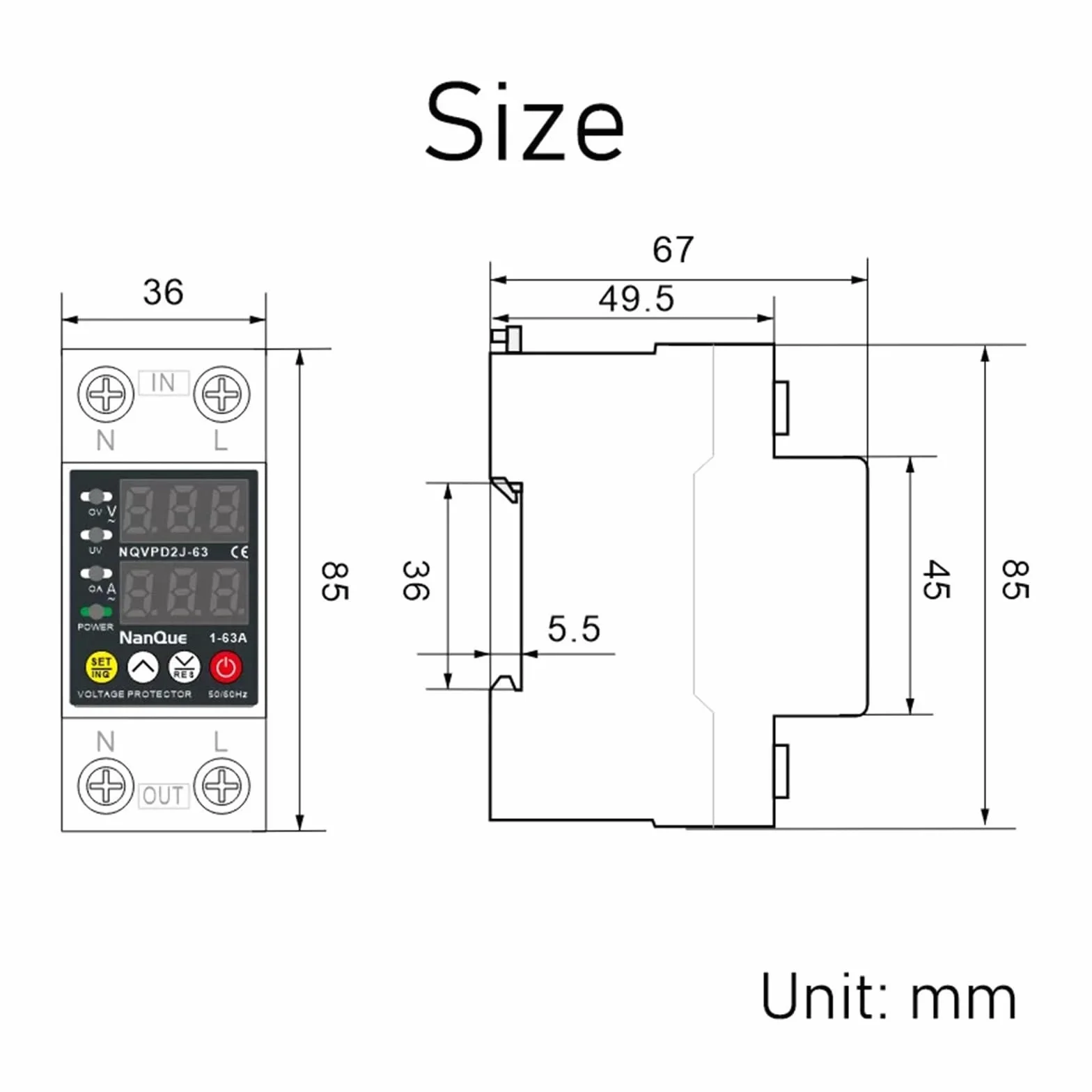 Protector de voltaje Ajustable AC110V 220V 50/60Hz Protector de corriente ajustable de recuperación automática medidor de corriente de voltaje 1-63A(220V-240V)