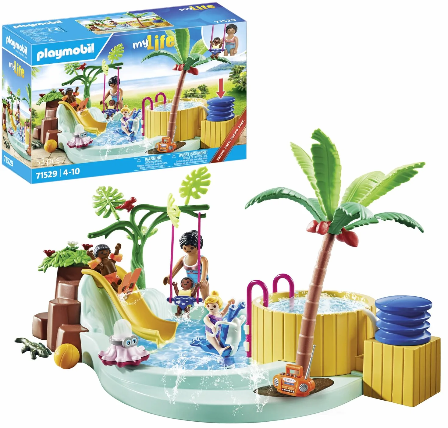 PLAYMOBIL myLife Promo Pack 71529 Piscina Infantil con Jacuzzi, Tobogán de Olas, Balancín y Columpio, Juguetes para niños a Partir de 4 años
