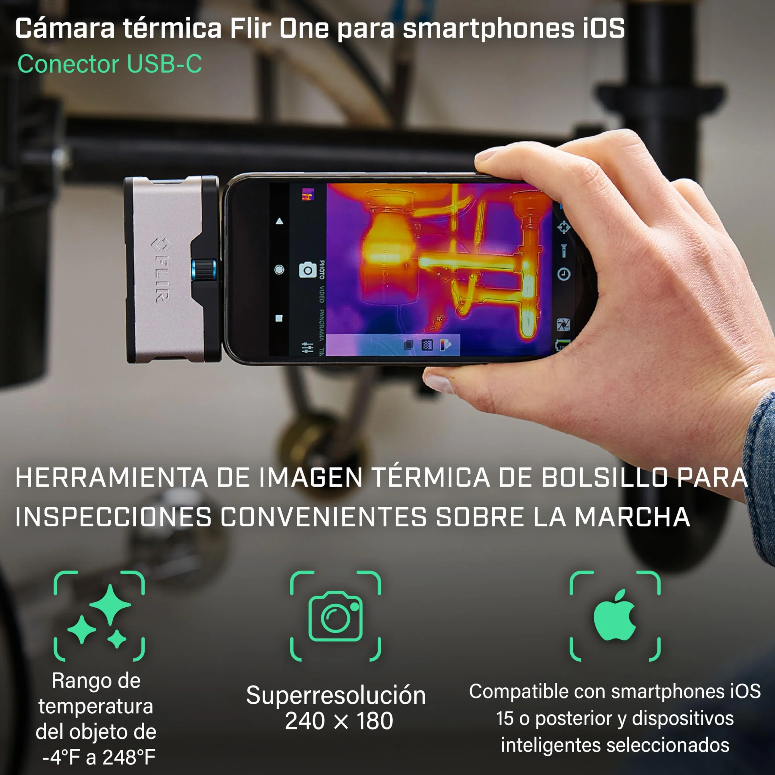 Flir One Cámara Termográfica para Smartphones iOS iPhone 15 Posteriores USB-C Súper Resolución 240x180 IR Nativo 80x60