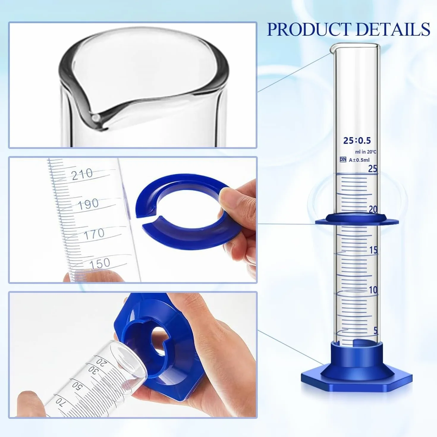 Probeta de Laboratorio para Ciencias, Juego de Cilindros graduados de Vidrio de borosilicato con Cepillo, 5-250 ml(10 pcs 25ML)