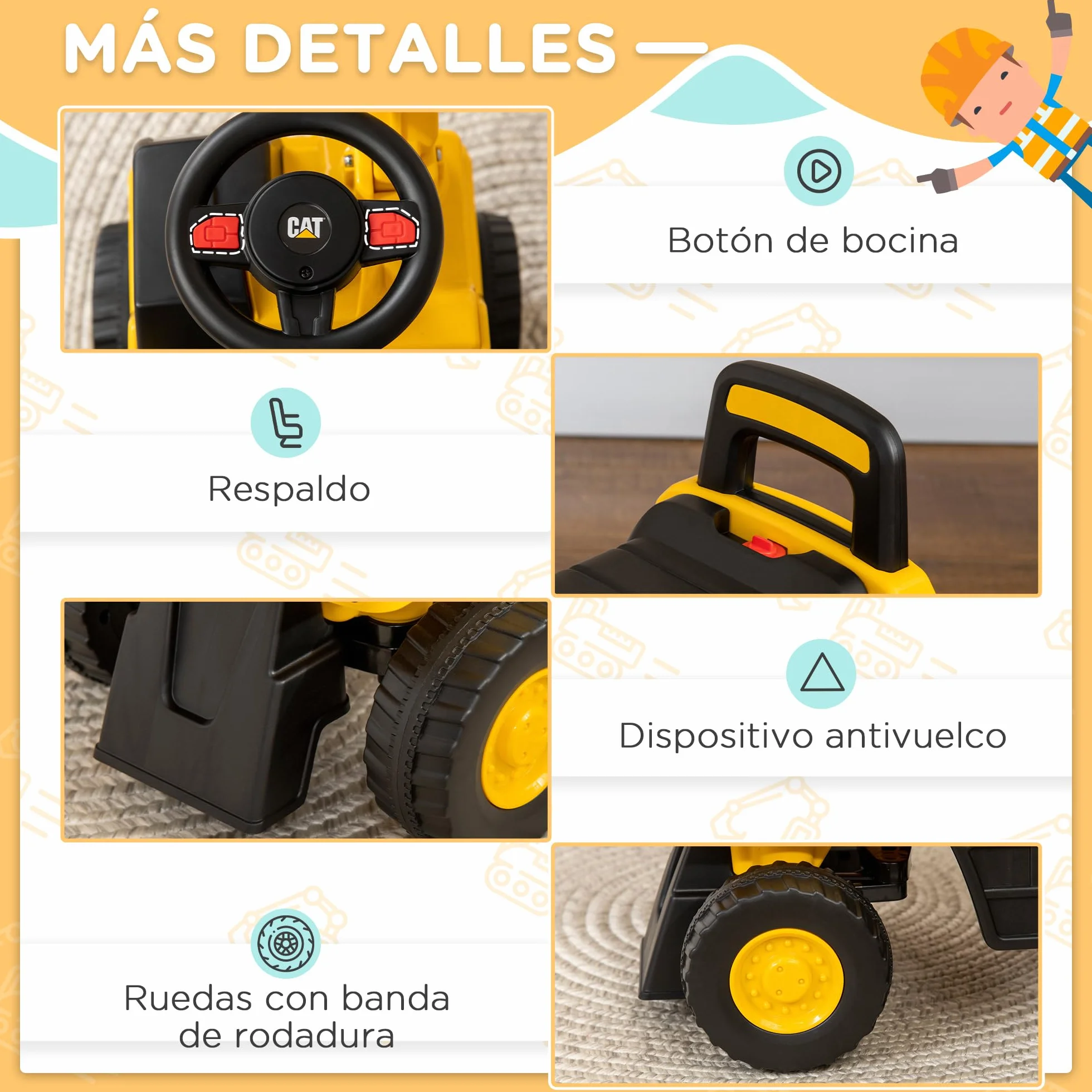 Caterpillar HOMCOM Excavadora Correpasillos para Niños 12-36 Meses 25 kg 85x27,5x47,5 cm Amarillo