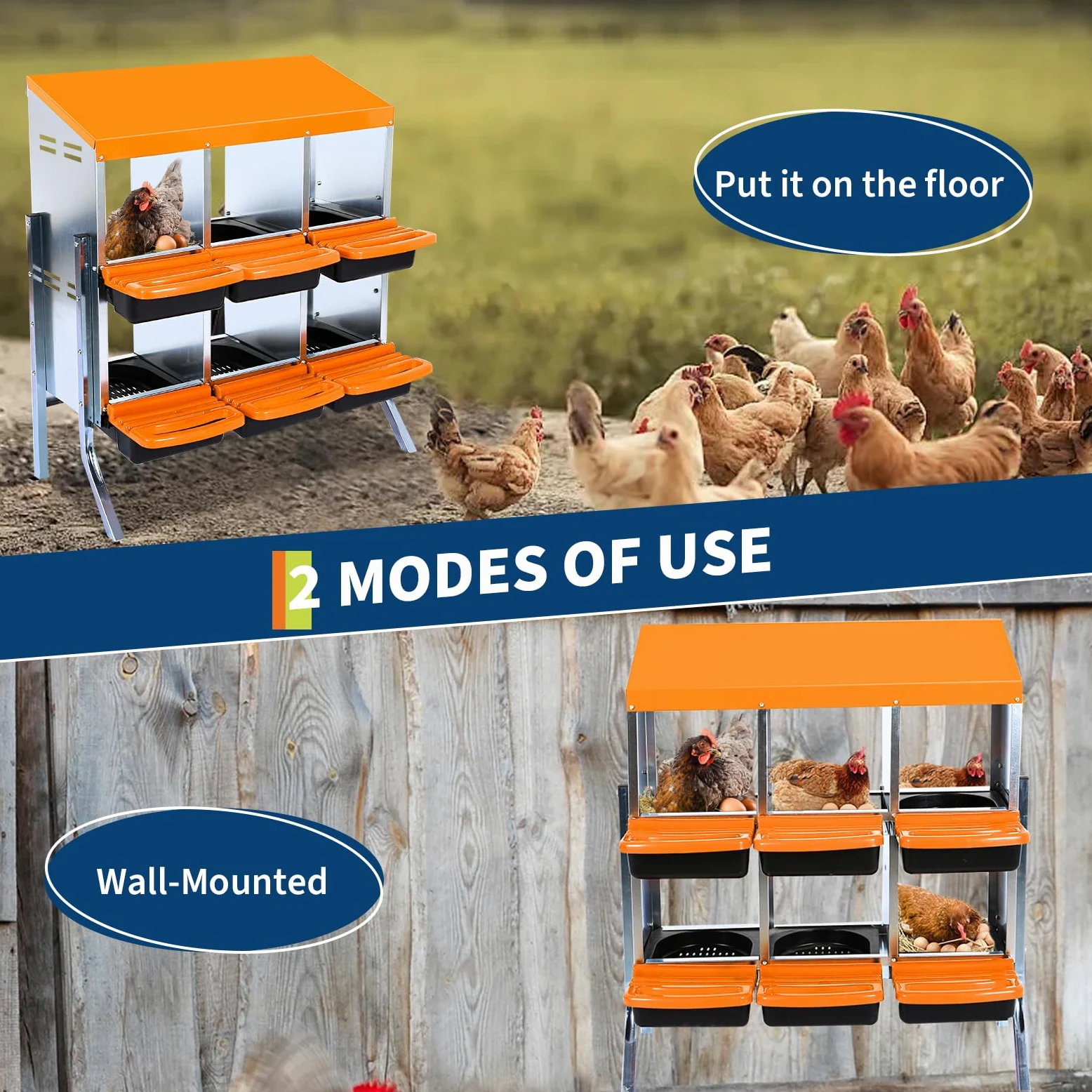GarveeHome Ponederos gallinas gallinero Exterior, Caja metálica con Ruedas para gallinas, Ideal para Recoger Huevos fácilmente: 6 Compartimentos, Tapa extraíble, ventilada, Muy Resistente gallineros