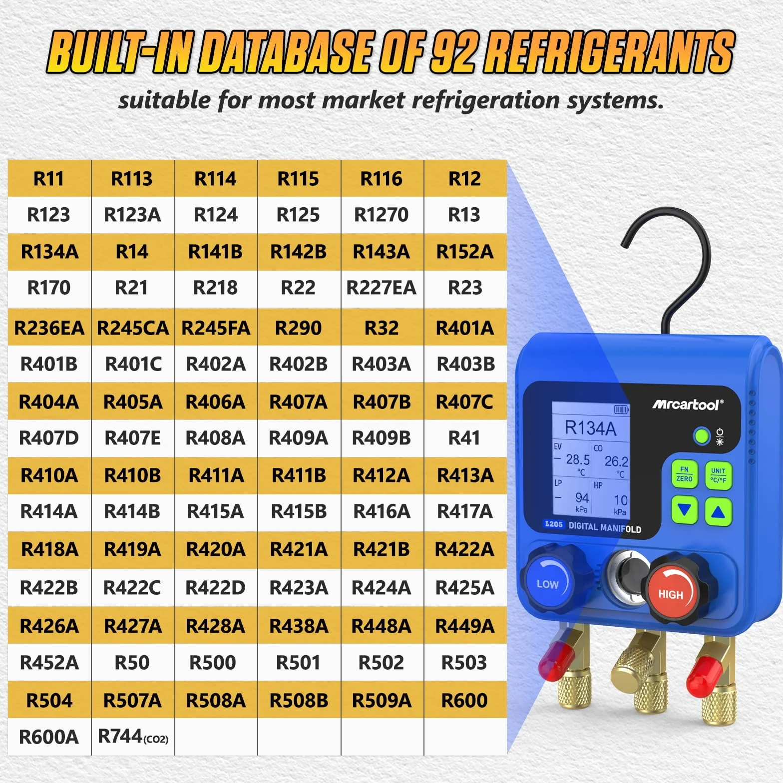 Ayuda de montaje de refrigerantes, distribuidor digital de aire acondicionado con 92 refrigerantes, datos de ayuda de montaje digital, indicador de refrigerante L205 HVAC R32 R134A R12 R410A