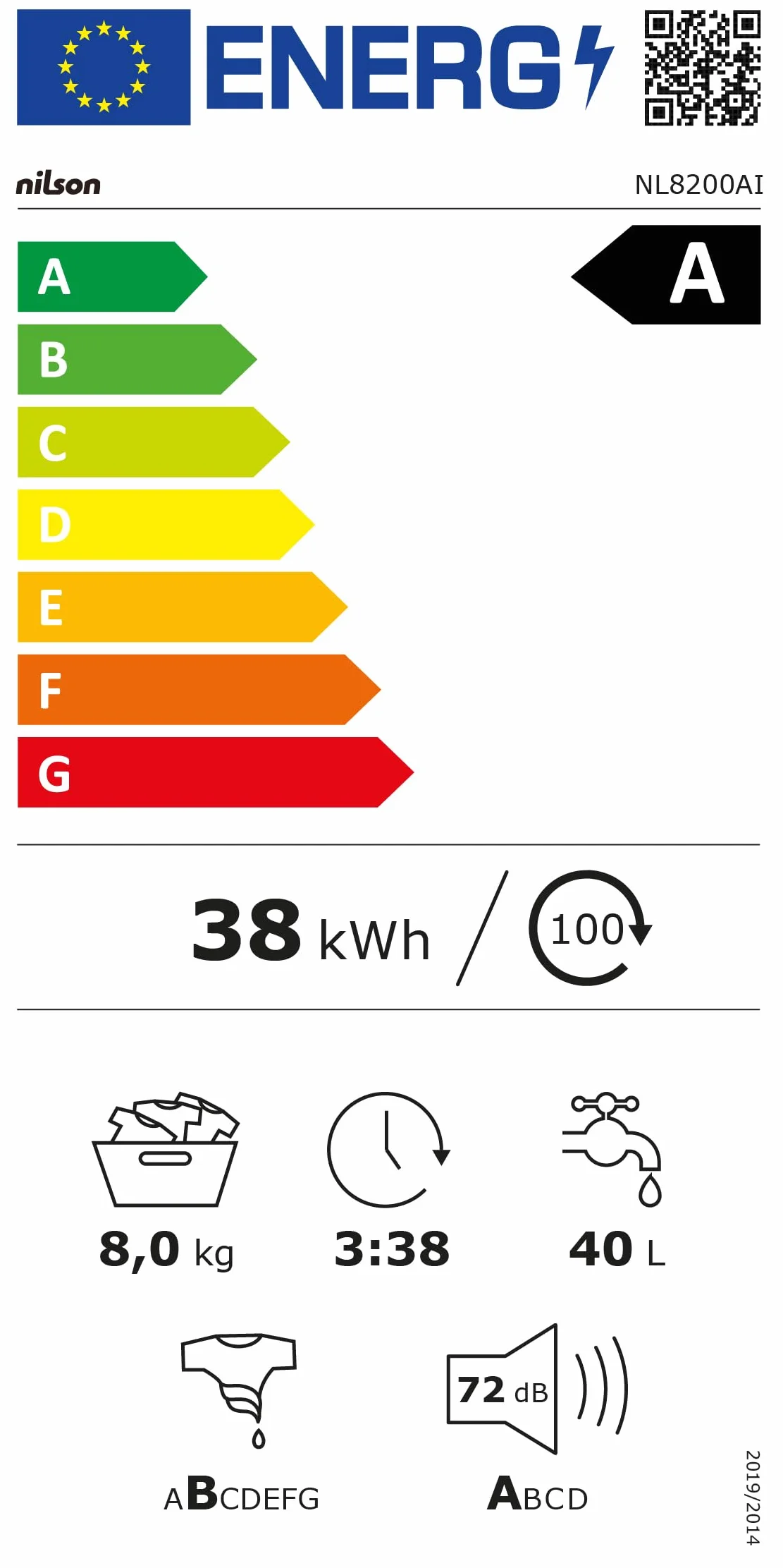 Nilson Lavadora 8Kg Carga Frontal Blanco NL8200AI 1600W 1200rpm Motor Inverter 11 Programas