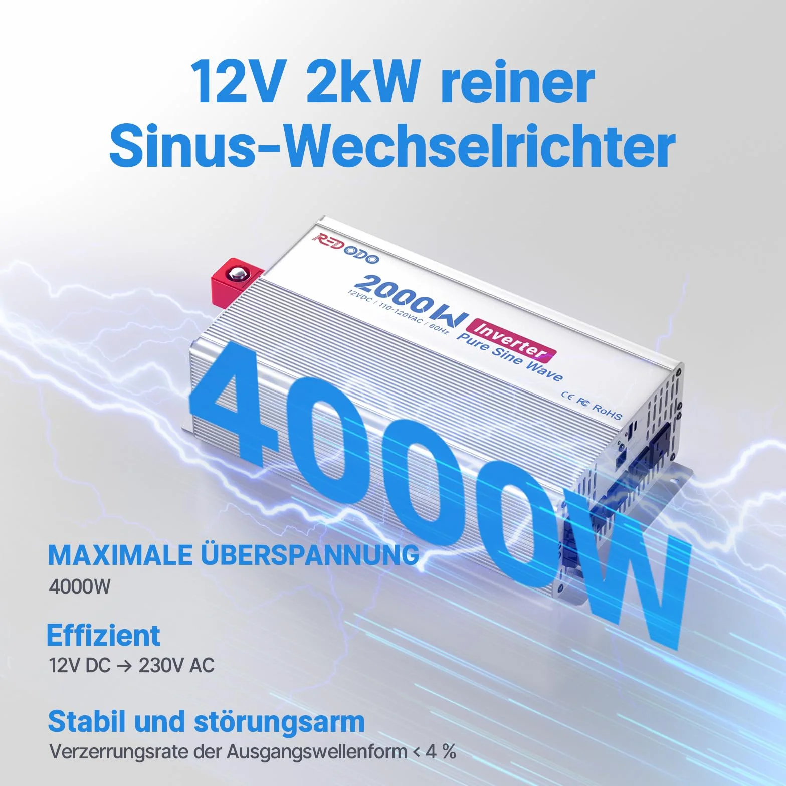 Redodo Inversor Onda Sinusoidal Pura 2000W 2V DC a 230V AC Convertidor para Camping,Inversor Energía Solar con 2xSalidas de CA,Pantalla de Monitorización con Visualización de Estado en Tiempo Real