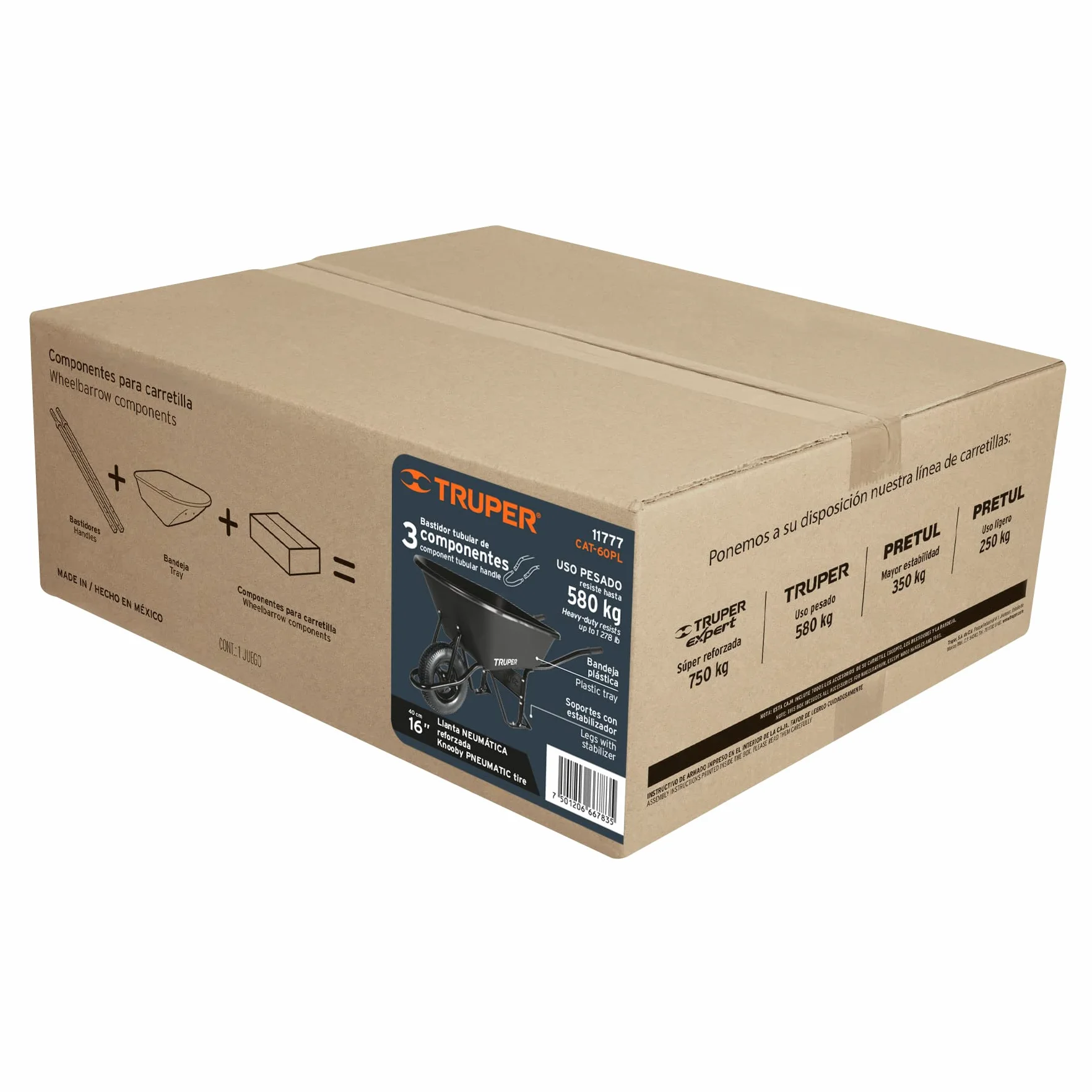Truper CAT-60PL Carretilla de plástico, 1,8 m, ruedas knobby, 40,6 x 10,2 cm