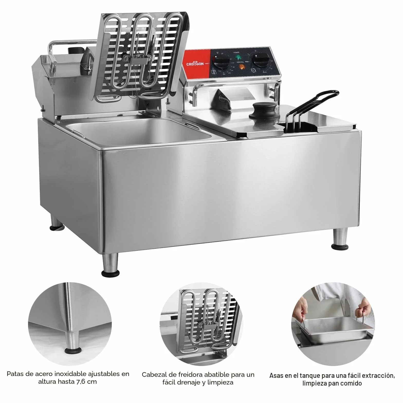CROSSON 16L Freidora Doble Eléctrica Profesional,7500W Freidora Industrial Hosteleria Gran Capacidad Lleva una Cesta y una Tapa,Control de Temperatura 80-200°C para Cocina de Restaurante