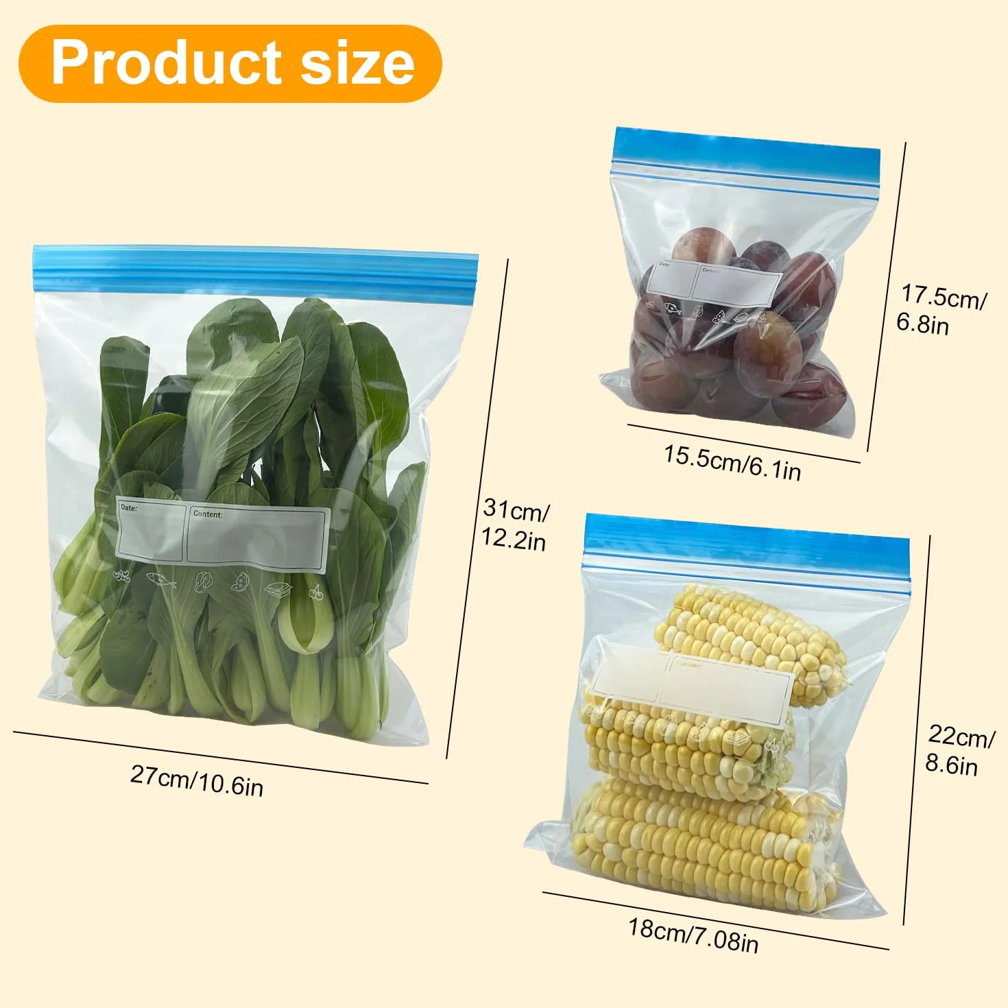 Bolsas de congelador reutilizables con cierre a presión, transparentes, doble sellada, sin BPA, para alimentos y sándwiches (3 tamaños)