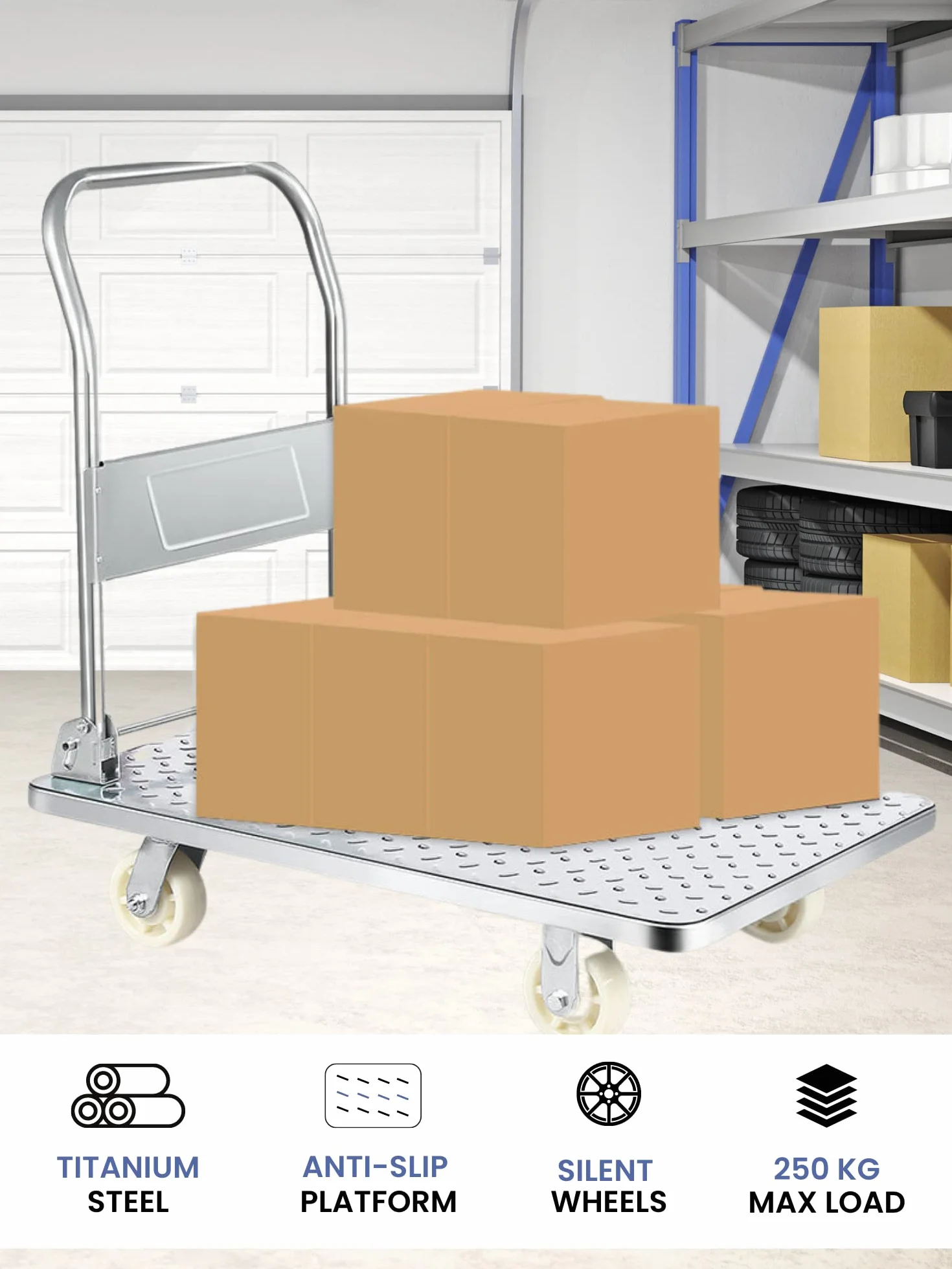 Carro Plataforma con Ruedas. Carretilla Plegable de Carga 400kg. Carrito Plataforma de Mano, Transporte Anticolisión para Mudanzas, Almacén. Acero Titanio.