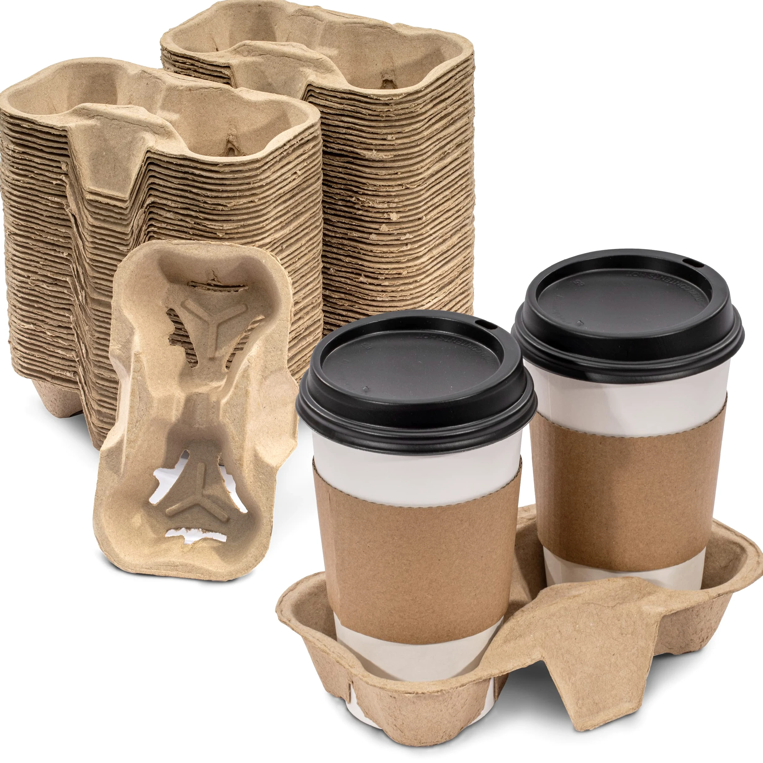 [Paquete de 100] Bandeja portadora de bebidas de fibra de pulpa biodegradable, contenedor de 2 tazas, compostable, apilable, ecológico, soporte de transporte para bebidas calientes y frías
