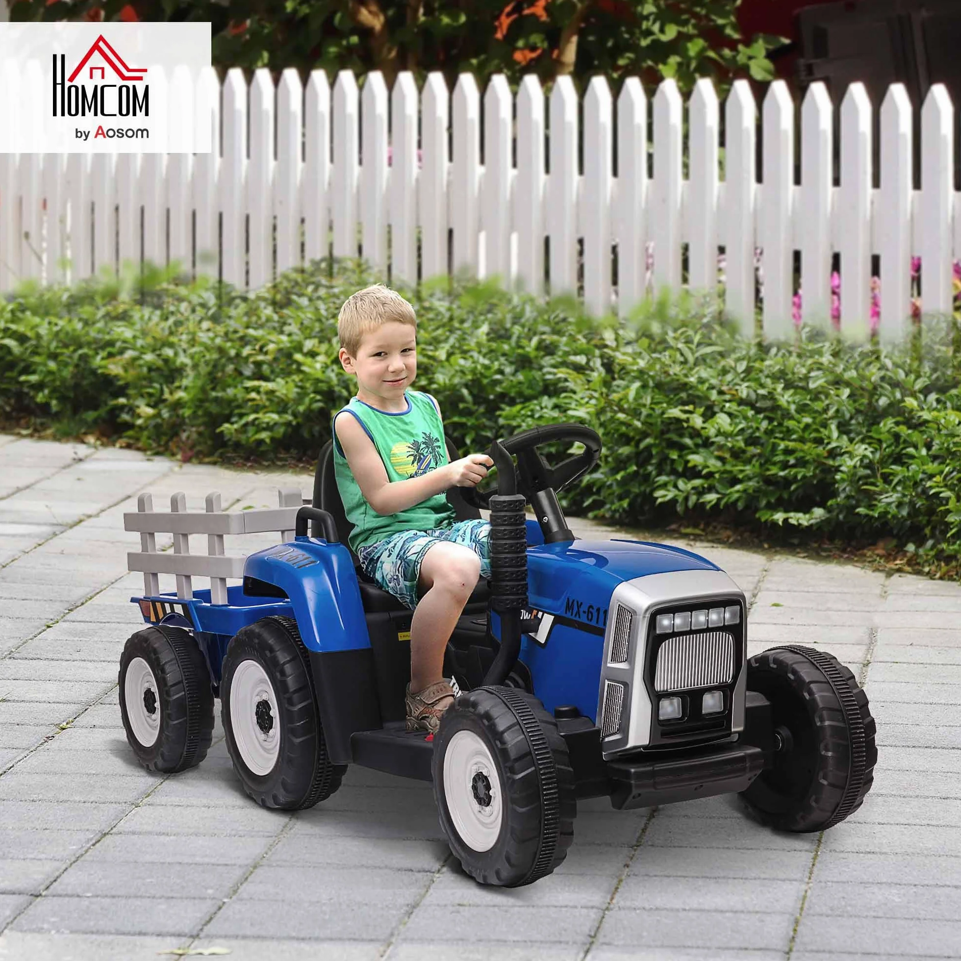 HOMCOM Tractor Eléctrico con Remolque Desmontable para Niños 3-6 Años Control Remoto Música MP3 Luces 136,5x50x52,5 cm Azul