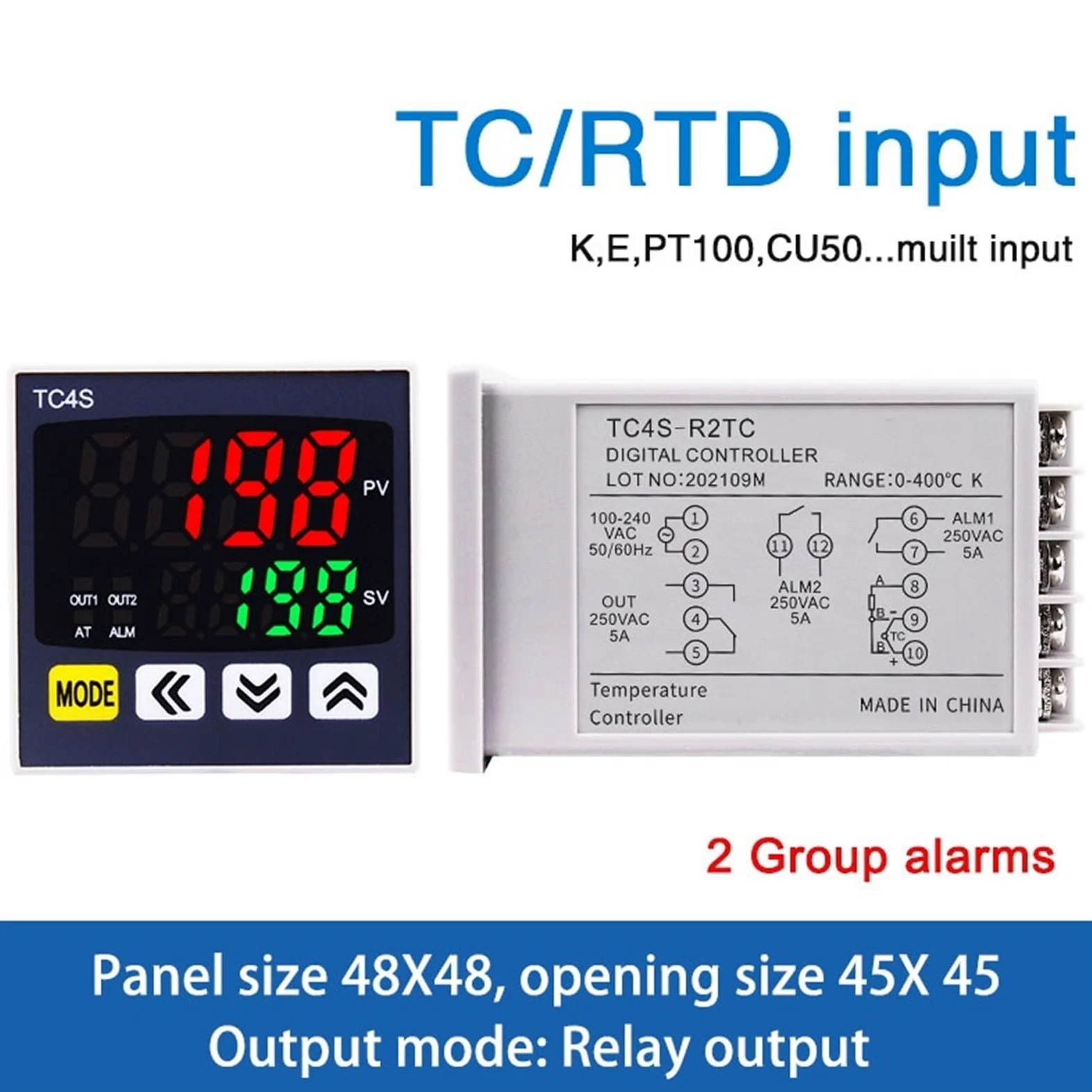 1 Uds. Controlador de temperatura PID TC4S 4-20mA SSR salida de relé regulador PID tipo K instrumento Digital de entrada múltiple 48*48(Relay OPT 2ALM)