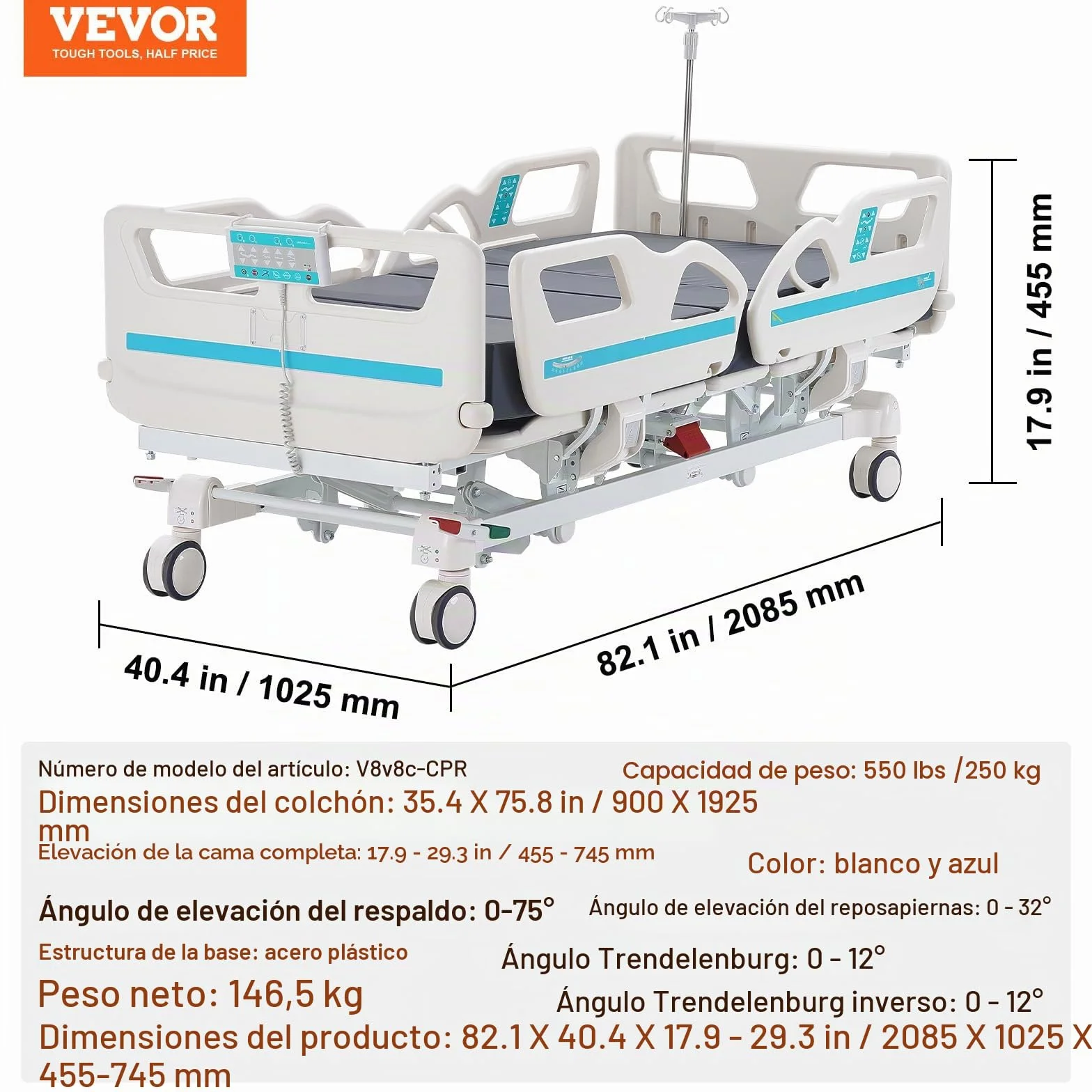 VEVOR Cama de Hospital Eléctrica de 5 Funciones de Primera Calidad para UCI con Posición de Silla Cardíaca, Trendelenburg y el Inverso, Ruedas de Bloqueo, 2085 x 1025 x 455-745 mm, Blanco y Azul