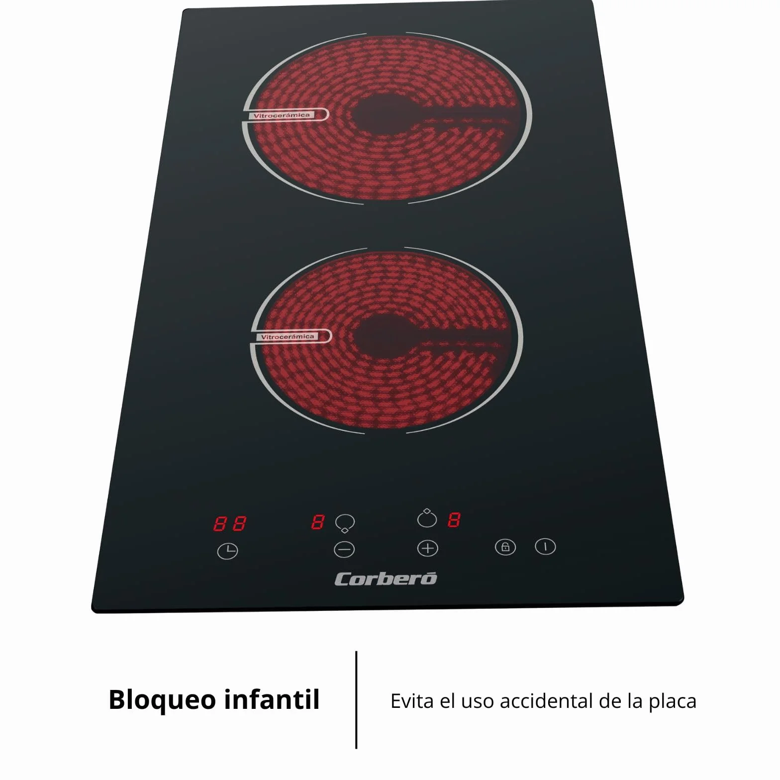 Corberó Placa de Inducción 2 zonas 29 cm 3680W Control Táctil Booster Temporizador Bloqueo Seguridad
