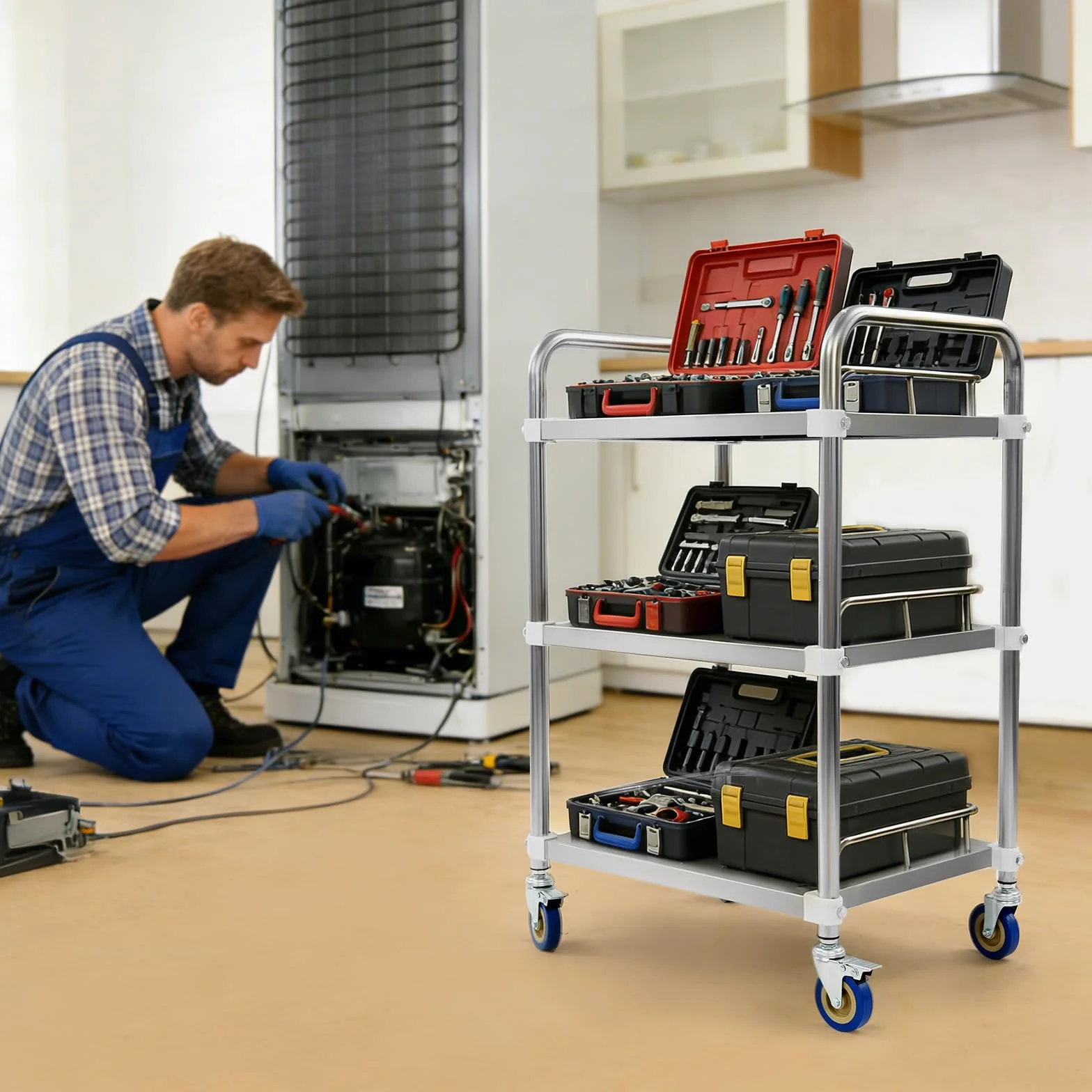 Carro de acero inoxidable para servicio de laboratorio, 3 estantes, carro de servicio de laboratorio, carrito de té, carrito de cocina de acero inoxidable con 4 ruedas giratorias, 2 frenos