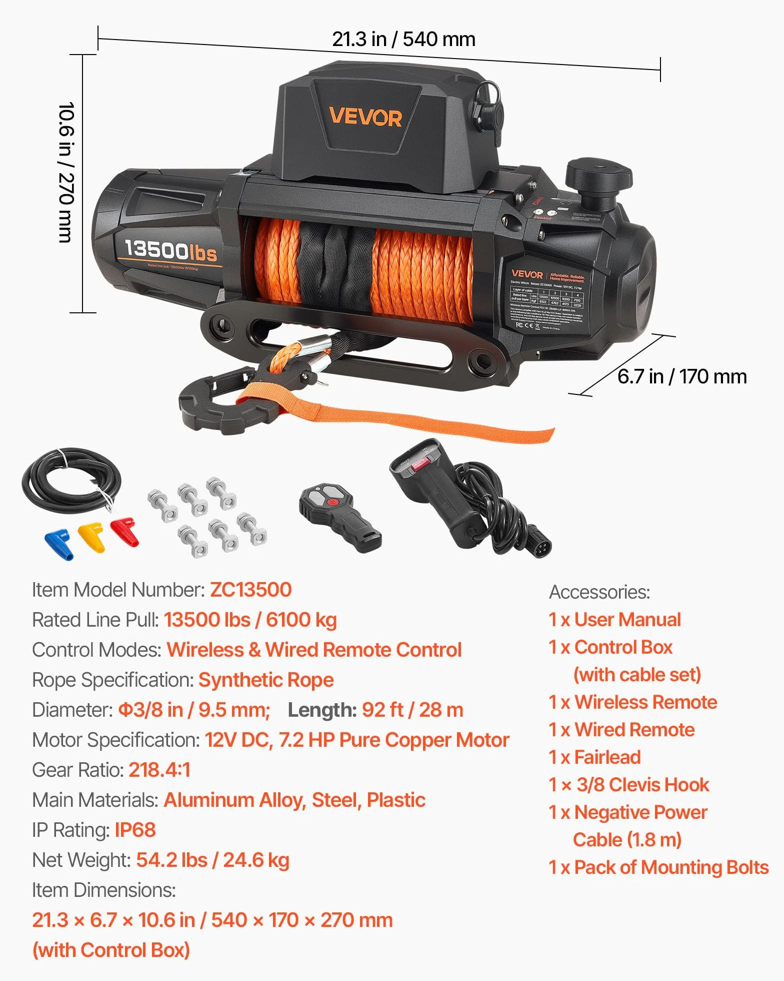 VEVOR Cabrestante Eléctrico de 12 V CC, 6100 kg, con Cuerda Sintética de Φ 9,5 mm x 28 m, Control Remoto Inalámbrico y con Cable, Resistente al Agua, para Remolcar SUV, Jeep, Remolques, Barcos