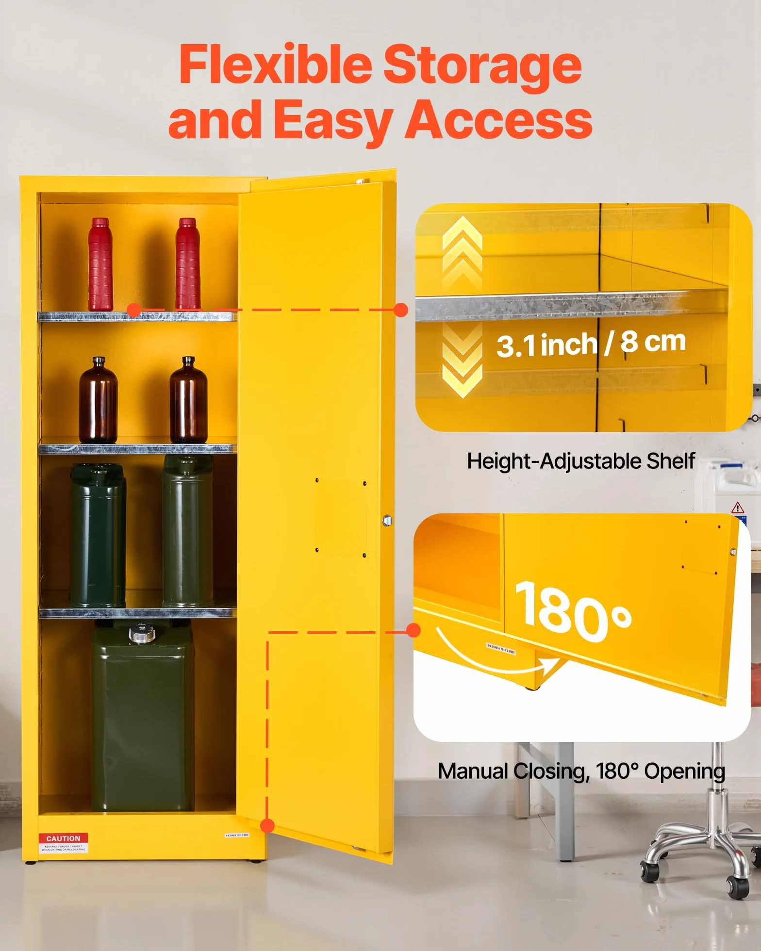 VEVOR Gabinete para Materiales Inflamables, Gabinete Ignífugo 59 x 46 x 165,1 cm de 87,06 L de Acero Laminado en Frío y Galvanizado con Estante Ajustable para Uso Comercial/Doméstico, Amarillo