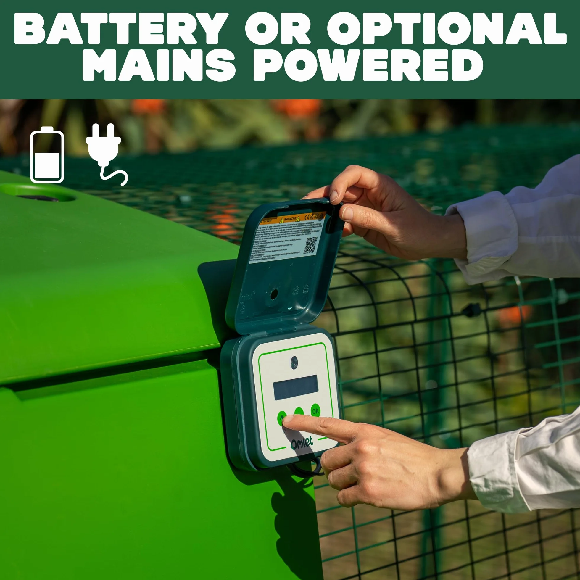 Omlet Puerta automática inteligente para gallinero | Wi-Fi habilitada | Programable con aplicación o panel de control | Operada por sensor de luz o temporizador | Alimentada por red o batería |