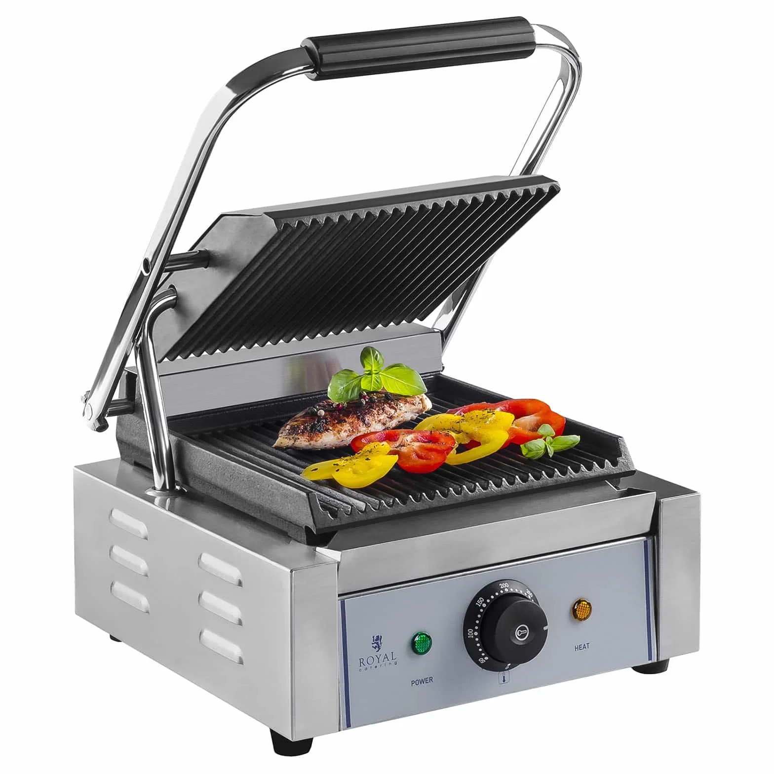 Royal Catering Sandwichera Parrilla Electrica Panini Grill RCCG-1800G (1.800 W, Superficie ondulada, Placa 23 x 22 cm x 22 cm, 230 V)