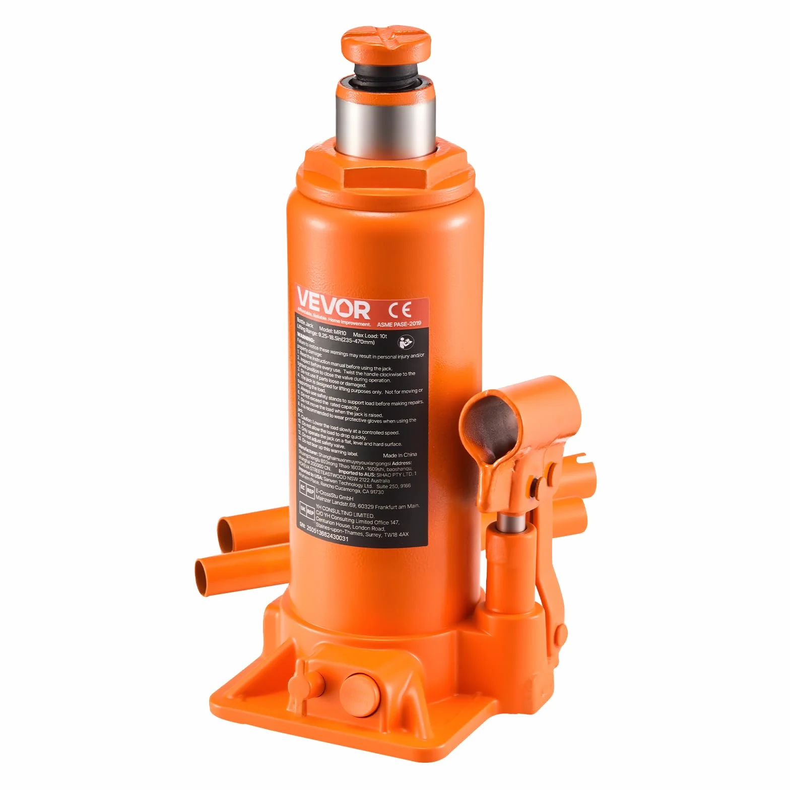 VEVOR Gato Hidráulico de Botella 10 T, Elevación 235-470 mm, Naranja