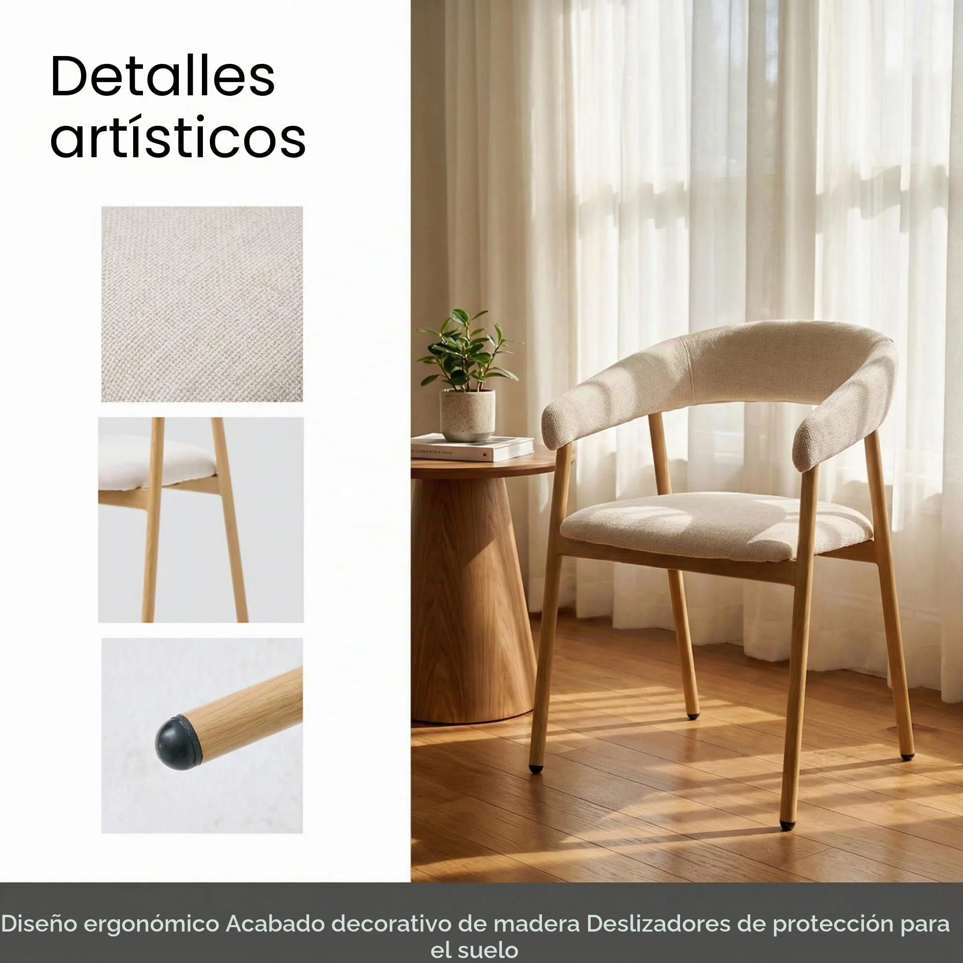 Juego de 4 sillas de Comedor Modernas ergonómicas de felpilla tapizadas con reposabrazos y Respaldo Curvado, Patas de Metal con Grano de Madera, Color Beige