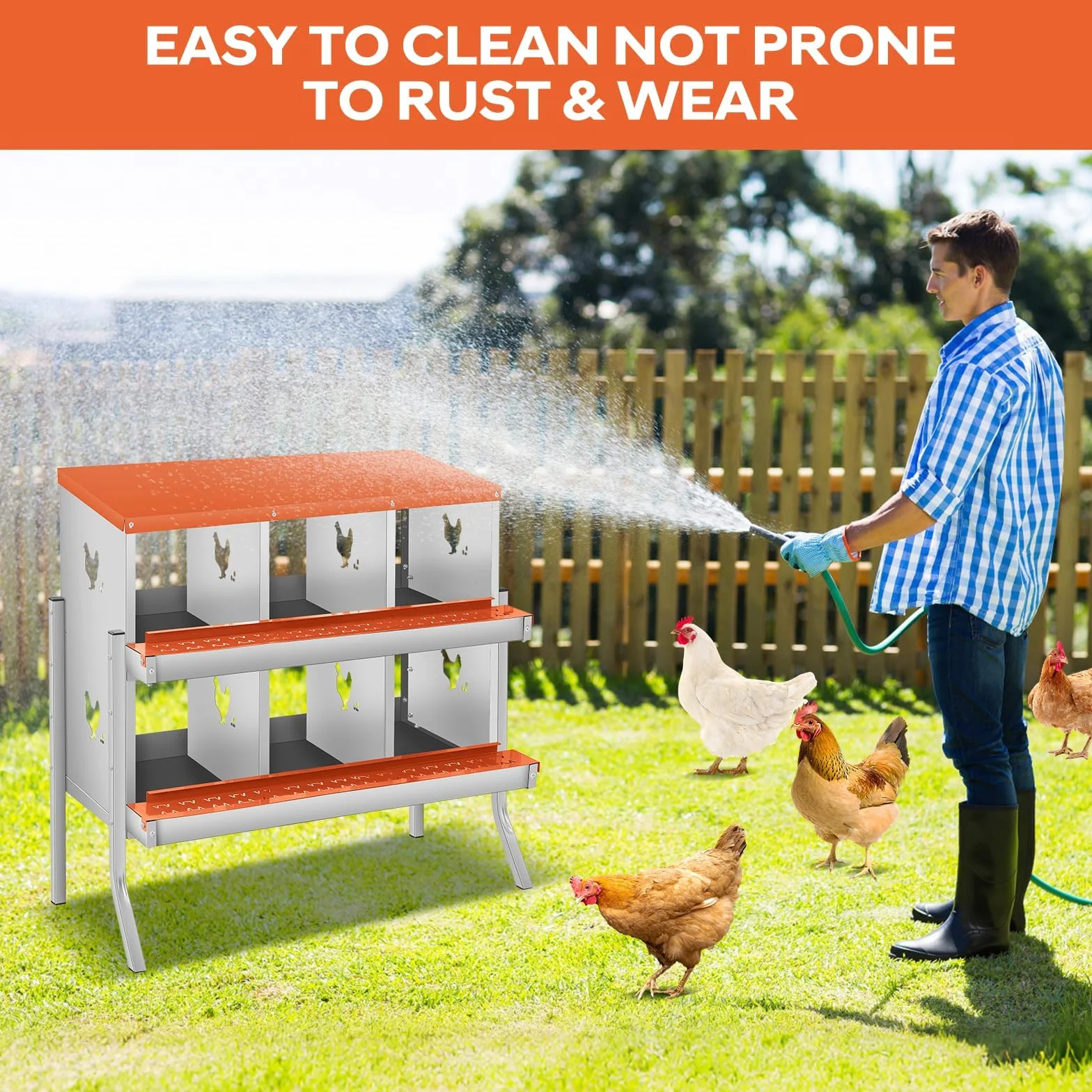 Garvee Ponederos para Gallinas de 6 Departamentos con Patas, Nidales de Acero al Carbono para Recogida Automática de Huevos, Jaula de Puesta Metálica Resistente para Exterior, 115x35x80 cm, Rojo