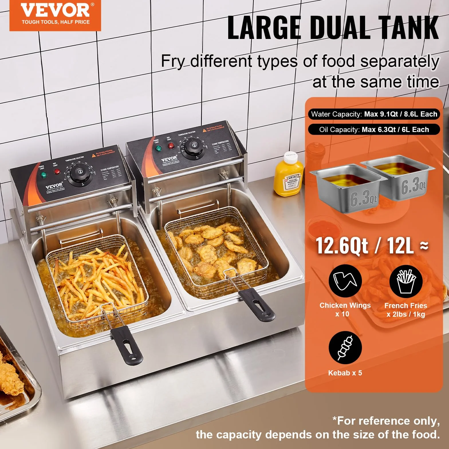 VEVOR Freidora Eléctrica Comercial 2 Tanques 12L 5000W Acero Inoxidable con 2 Cestas Temperatura Ajustable 50-200°C