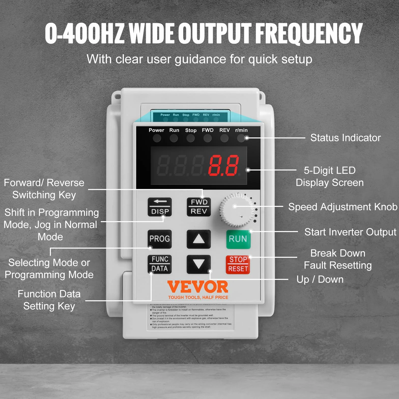 VEVOR Variador de Frecuencia Convertidor de Frecuencia de 4kW 5HP 18A 0-400Hz VFD con Entrada Monofásica Regulador de Salida Trifásico Control de Velocidad Enfriamiento Rápido para Motor de Maquinaria