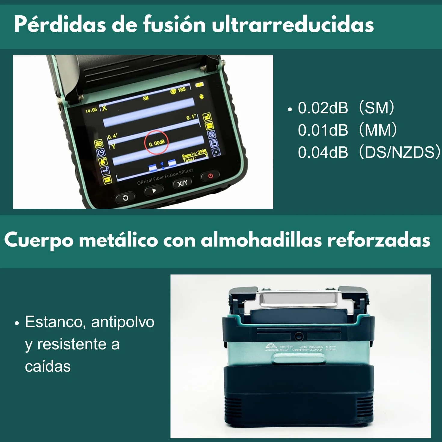 Nuevo Modelo AI-6A+ Fusionadora de Fibra Óptica con OPM y VFL Integrados, Kit Empalmadora de Fibra Optica Automática con Alineación de Núcleo de 6 Motores, 8s Fusión 18s Calentamiento