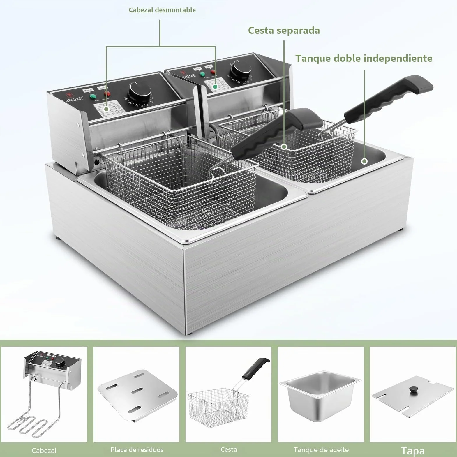 Freidora eléctrica comercial 5000 W 2 cestas 6 L acero inoxidable 20 L limitador temperatura