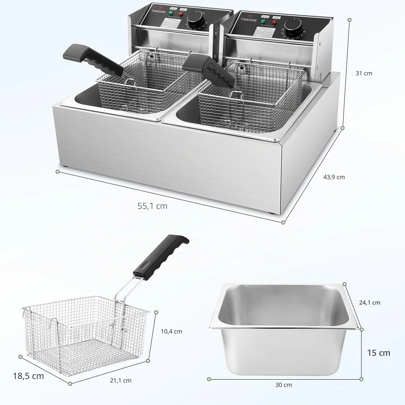Freidora eléctrica comercial 5000 W 2 cestas 6 L acero inoxidable 20 L limitador temperatura