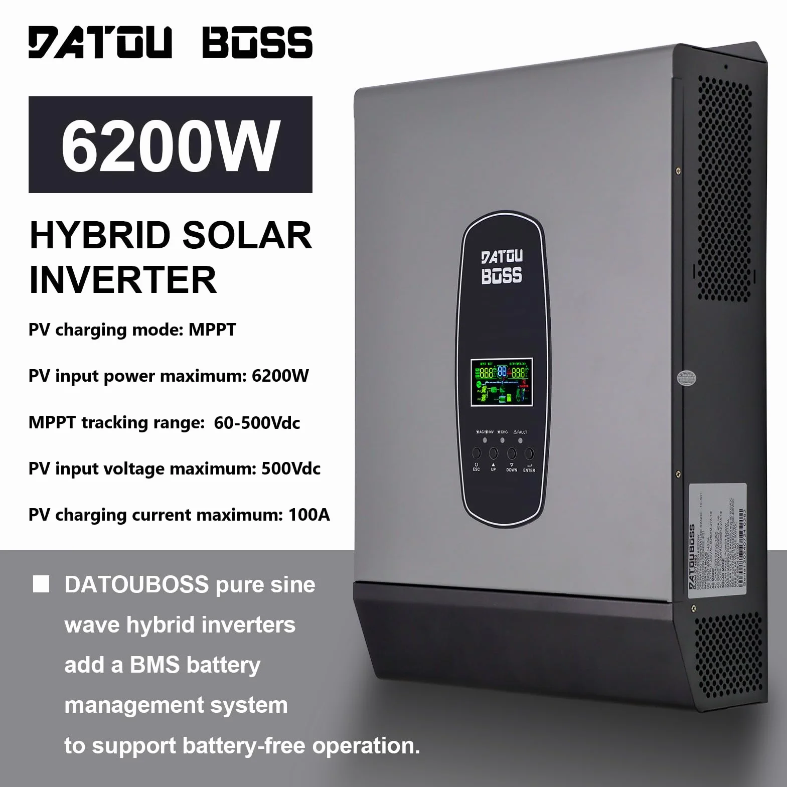 DATOUBOSS 6200 W Inversor híbrido sinusoidal puro 48 V CC a 230 V CA, compatible con el funcionamiento sin batería, con regulador de carga solar de 120 A MPPT para baterías de plomoácido y litio