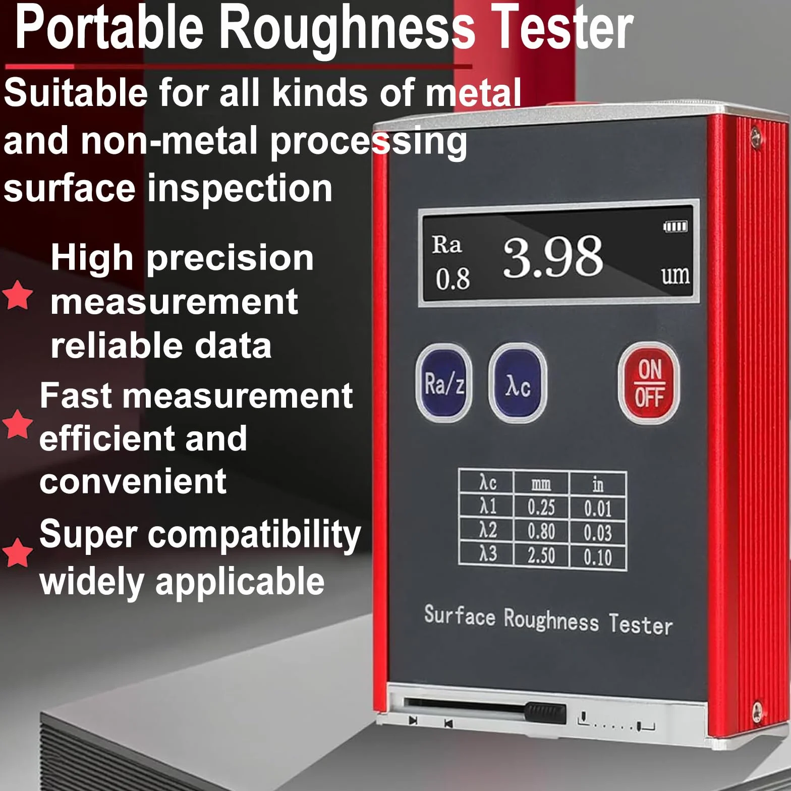 Rugosímetro portátil de 0,01 μm, medidor digital de rugosidad con bloque de calibración estándar, 4 parámetros de prueba: Ra/Rq 0,05~15,0 μm, Rz/Rt 0,1~50,0 μm, para para mediciones industriales