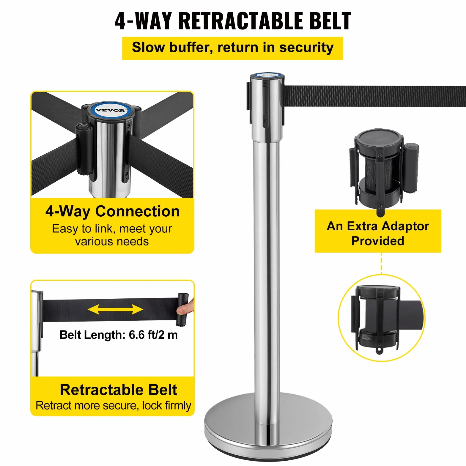 VEVOR Poste Separador con Cinta Extensible 2 m, Altura 90 cm, Base 32 cm, Negro, 2 Piezas