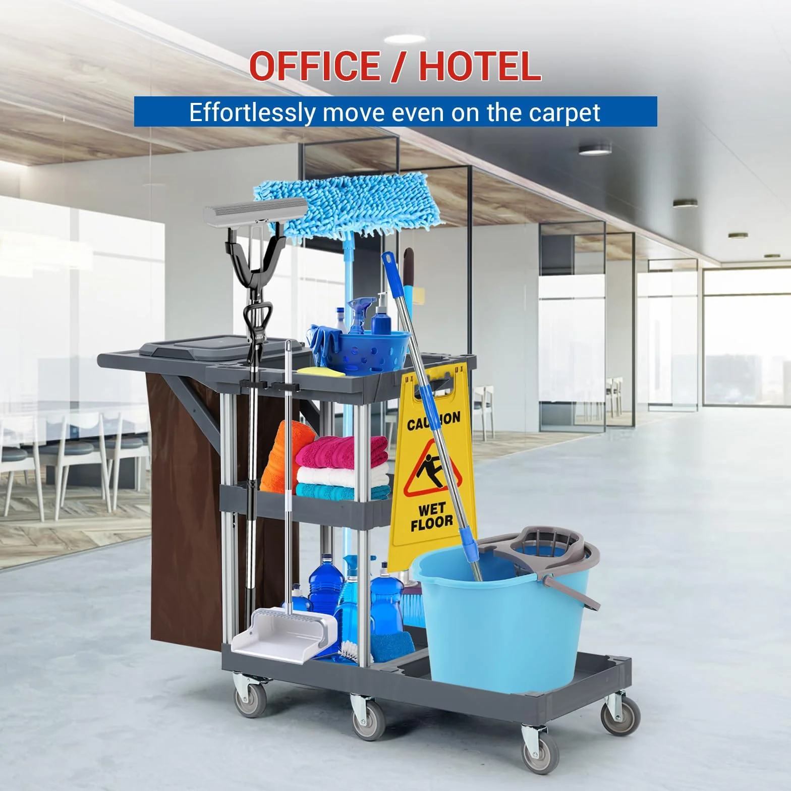 Carro de Limpieza Comercial,Carro Limpieza Profesional para Hoteles y Hospitales con Estantes, Carro de Servicio con 6 Ruedas y Bolsa de Vinilo para Oficina y Hotel, Capacidad de 300 LB