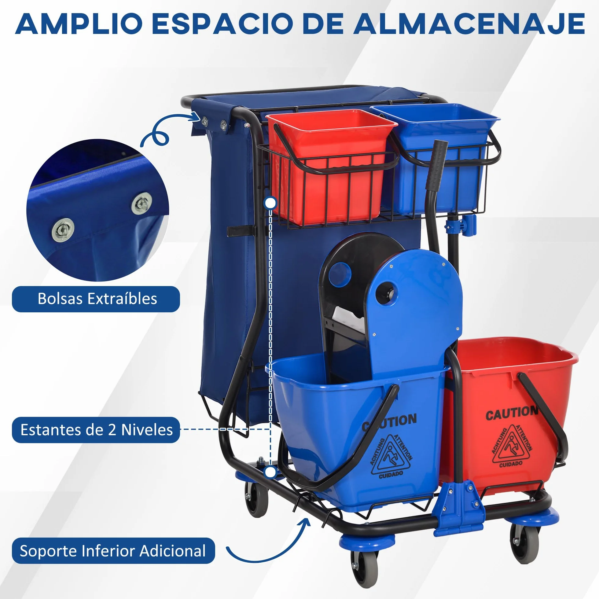 HOMCOM Carro de Limpieza con Bolsa de Basura Carro de Servicio con Doble Cubo de 18 litros Escurridor de Prensa 2 Cubetas Auxiliares 93x80x97 cm Rojo y Azul