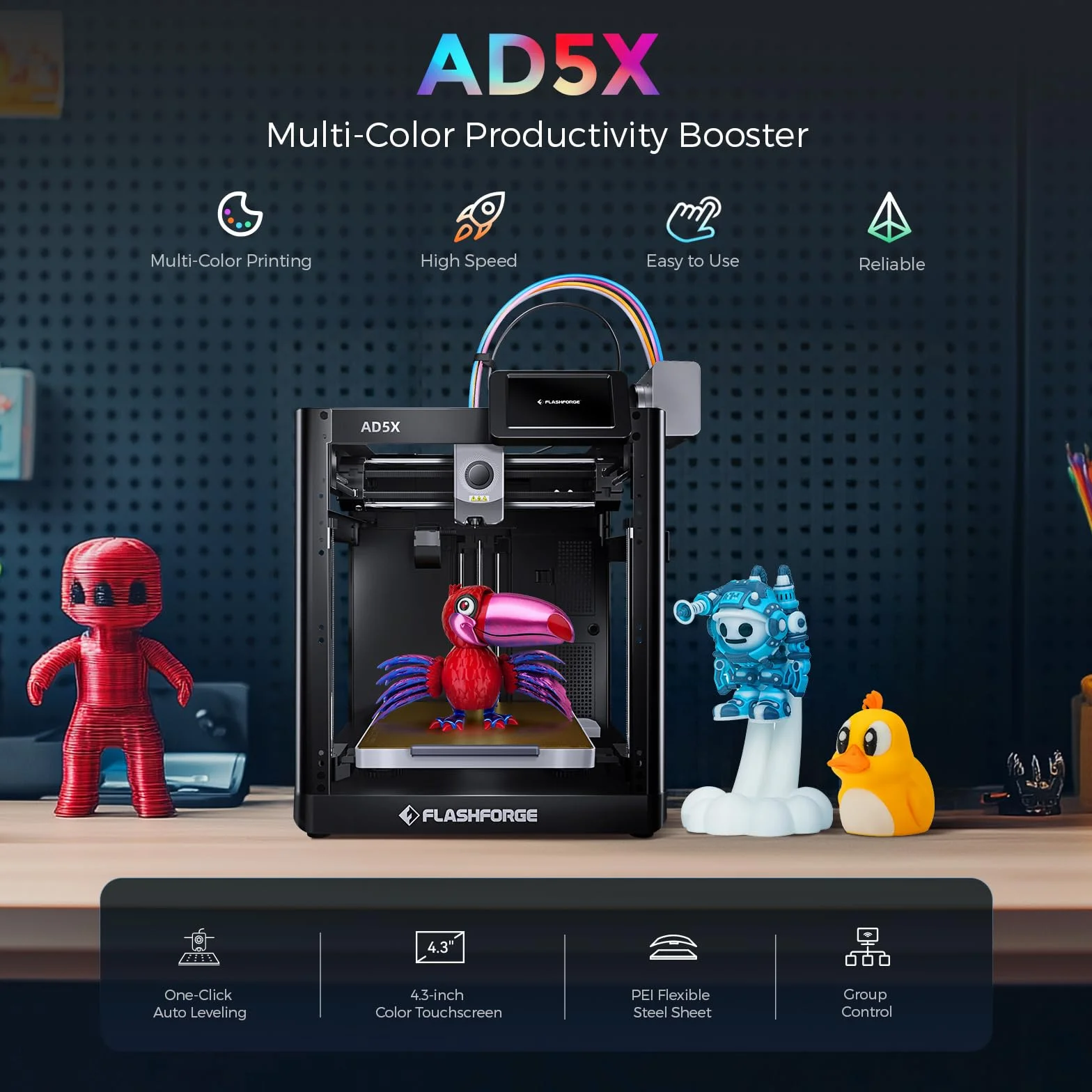 Impresora 3D Flashforge Adventurer 5X con Impresión Multicolor, Personalizable con IFS, multimaterial AD5X Impresora 3D,Velocidad Máxima de Impresión:600mm/s,Recarga automática de filamento de 4kg