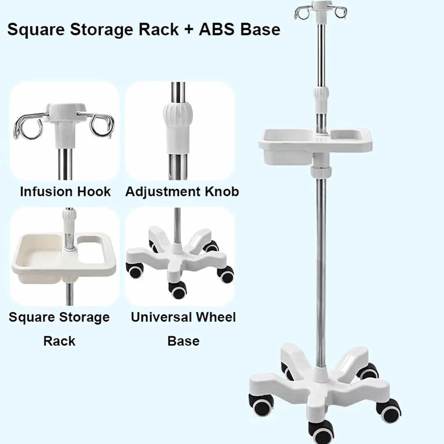 Poste de suero de Acero Inoxidable, Soporte for suero intravenoso con 4 Ganchos, Bandeja y reposabrazos, Poste de infusión, Altura Ajustable, Soporte de Suelo for suero con 5 Ruedas