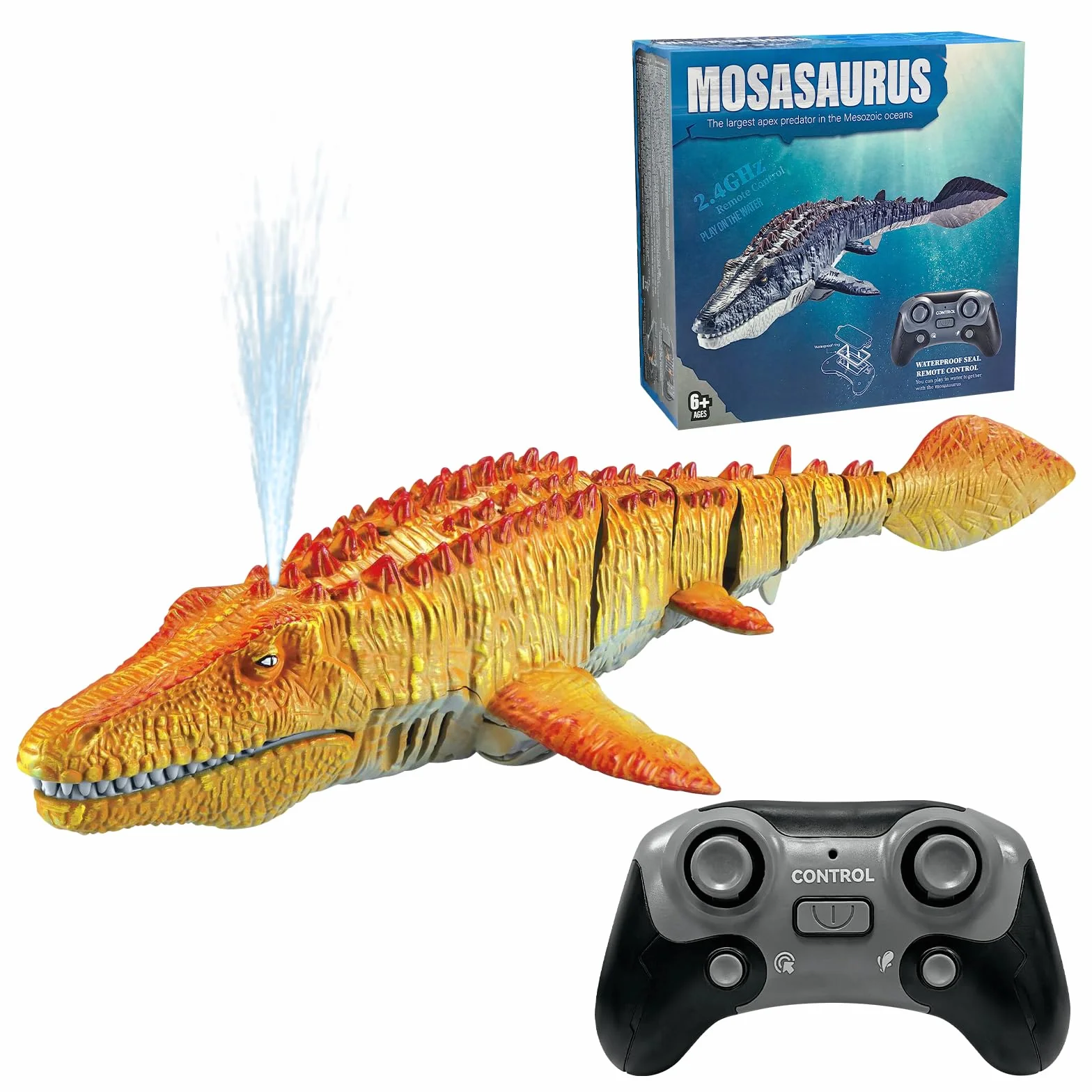 Mosasaurus Barco Teledirigido Eléctrico RC con Agua Pulverizada y Luz para Piscina Lago Baño (Amarillo)