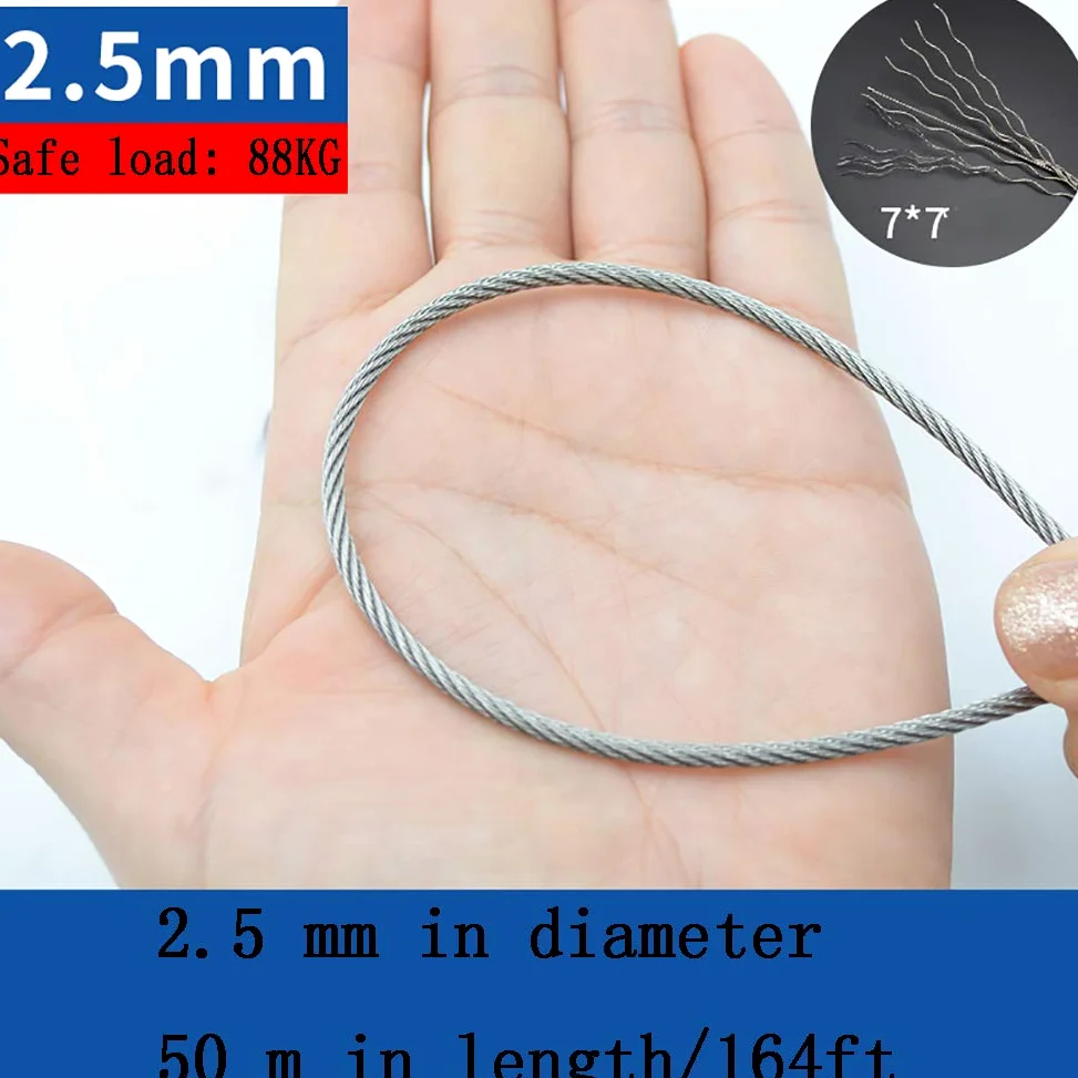 Cuerda de Alambre de Acero Inoxidable de 7 x 7 Hilos Core Aircraft Cable, Diameter2.5mm Long:50M/164ft