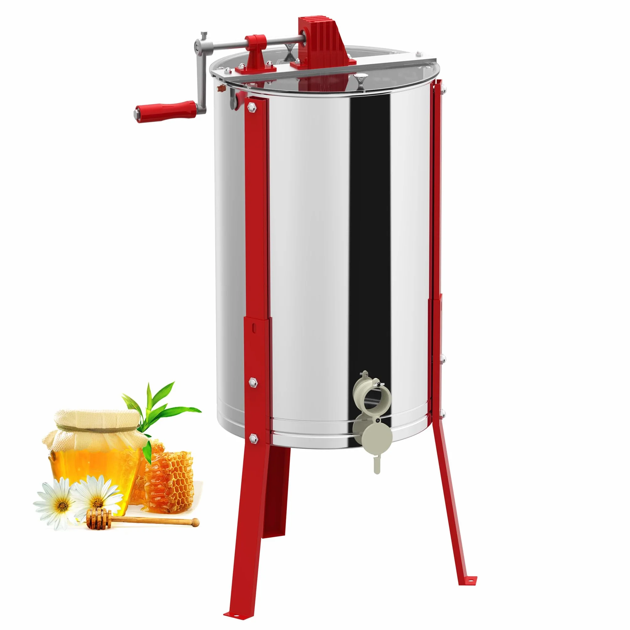 UISEBRT Extractor de miel manual de acero inoxidable con 3 panales, extractor de miel con tapa y soporte ajustable, 101-111 cm, exprimidor de miel manual para apicultores, diámetro de 38 cm