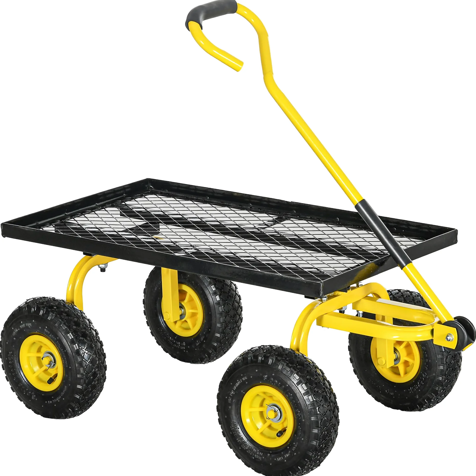 Outsunny Carro de jardín resistente estructura metálica Amarillo | Ruedas neumáticas 10", manija giratoria, capacidad 150kg, para granja