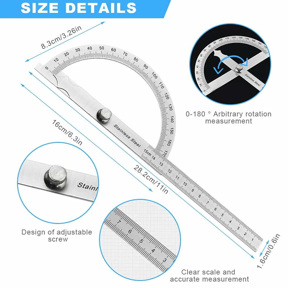 Transportador de Acero Inoxidable 180 Grados Regla de Goniómetro Ajustable 150mm