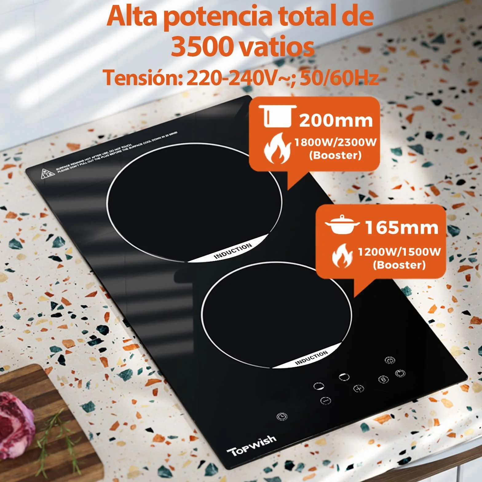 Placa inducción 2 fuegos 30cm 3500W Booster cierre seguridad