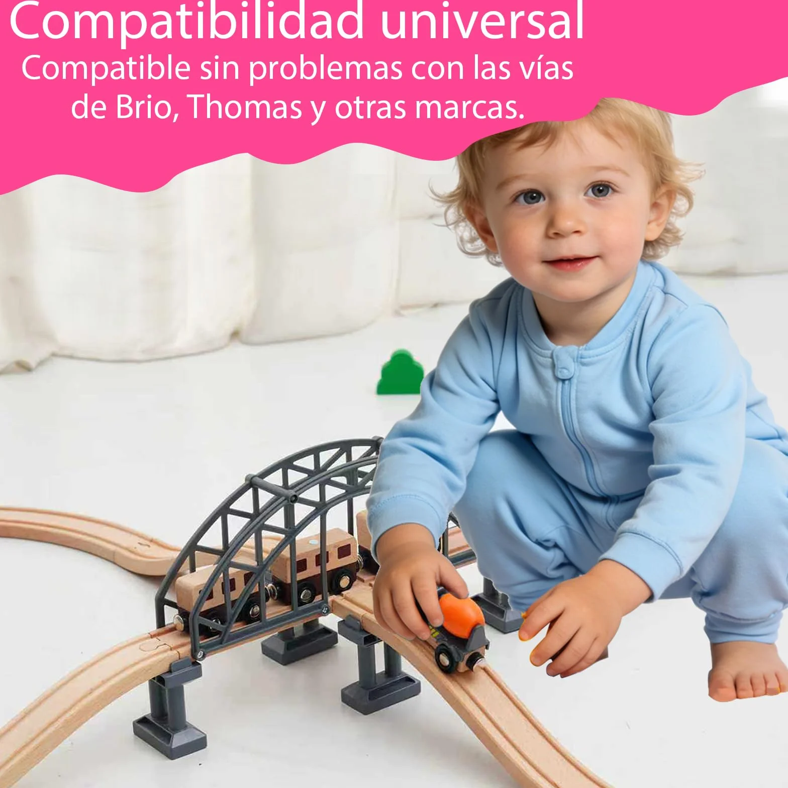 Puente de ferrocarril de madera para niños, compatible con otros puentes de tren de juguete