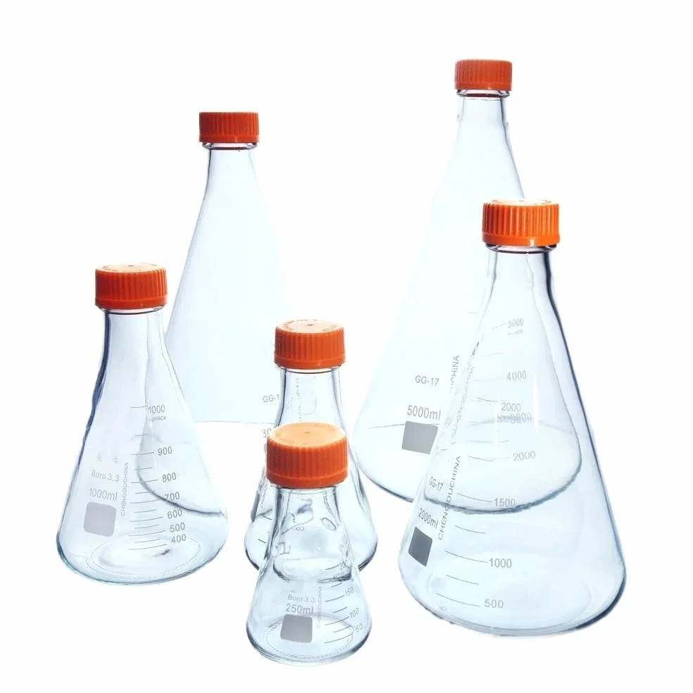 Matraz Erlenmeyer Graduado de Borosilicato, Matraz de Vidrio GG-17 Graduado de 250, 500 y 1000 ml con tapón de Rosca Naranja, cristalería de Laboratorio for experimentos(1000ml Small Port)