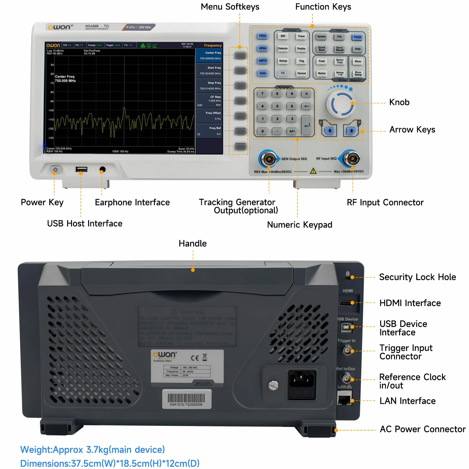 OWON XSA805-TG Analizador de espectro LCD de 9 pulgadas con generador de seguimiento, rango de frecuencia de 9 kHz a 500 MHz, alta resolución de 1280X800 píxeles con USB, LAN, auriculares, HDMI