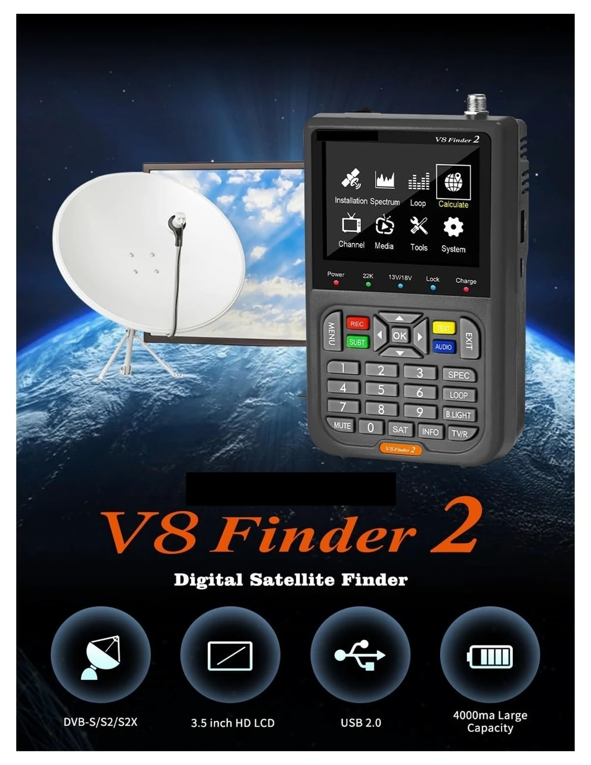 V8 Finder2 Medidor de satélite DVB-S2 Buscador de satélite Satfinder Detector de señal DVB-S/ S2/ S2X | FD2 Black With Bag