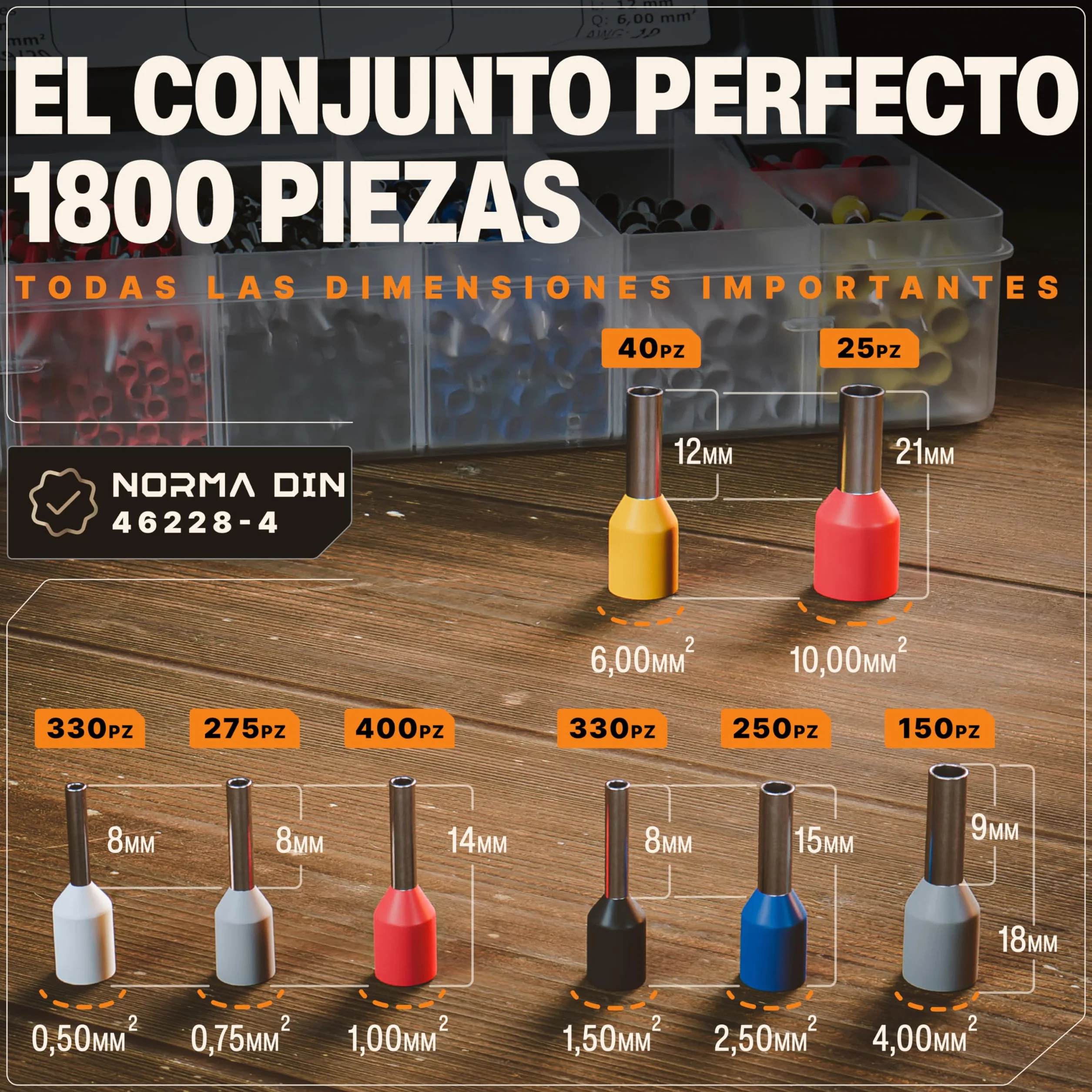 BAURIX® Crimpadora Terminales Eléctricos Kit 1800 punteras 0,25-10 mm² Autoajustable