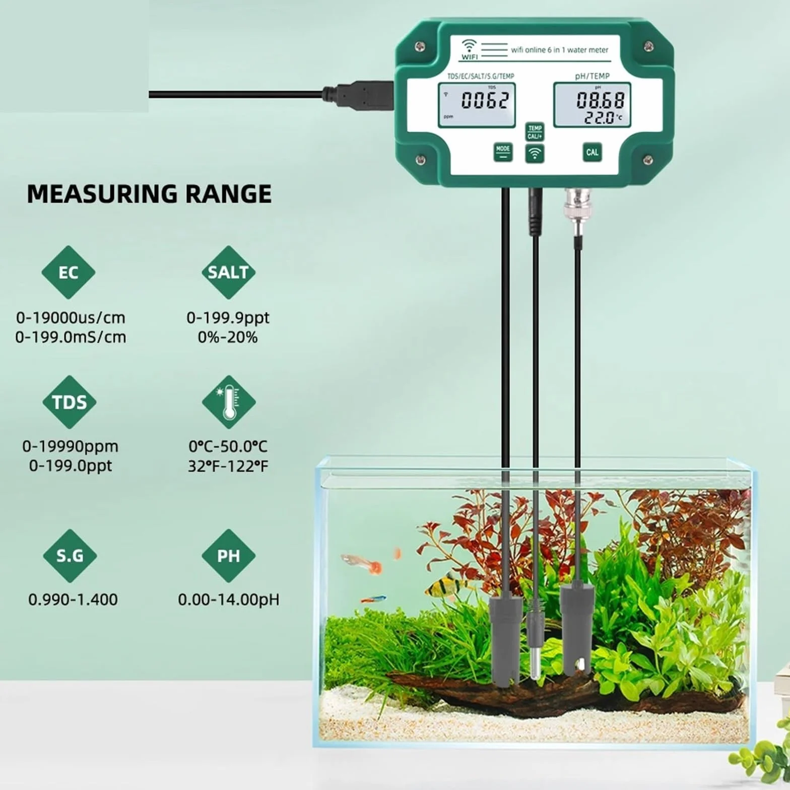 Medidor digital WiFi de pH, EC, TDS, sal, SG y temperatura, comprobador de calidad del agua, monitor inteligente multifunción 6 en 1, control por aplicación.,Análisis confiable
